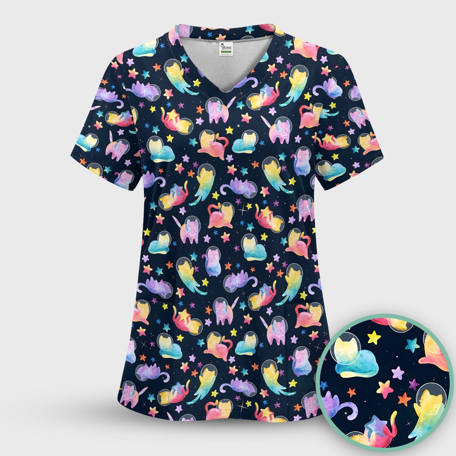 Cute Space Cat Veterinary Pattern Scrub Set, Scrub Pants and V Neck Top