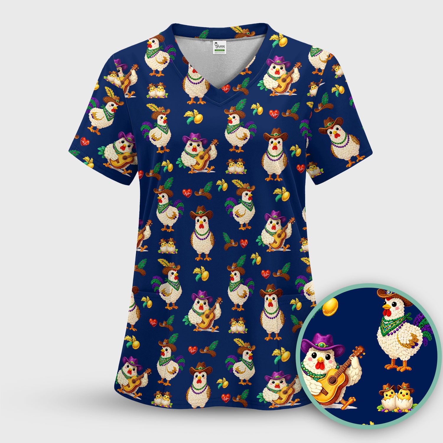 Funny Mardi Gras Rooster Cowboy Print Scrub Top, Comfortable Scrubs for Nurses