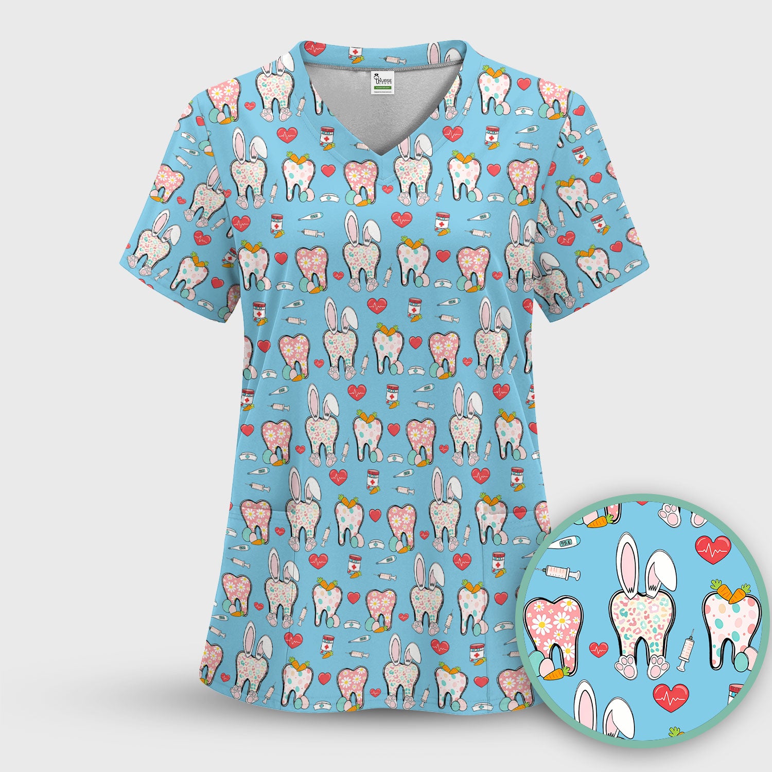 Playful Bunny Dentist Illustration Medical Scrub Top, Comfortable Scrubs for Nurses, Easter