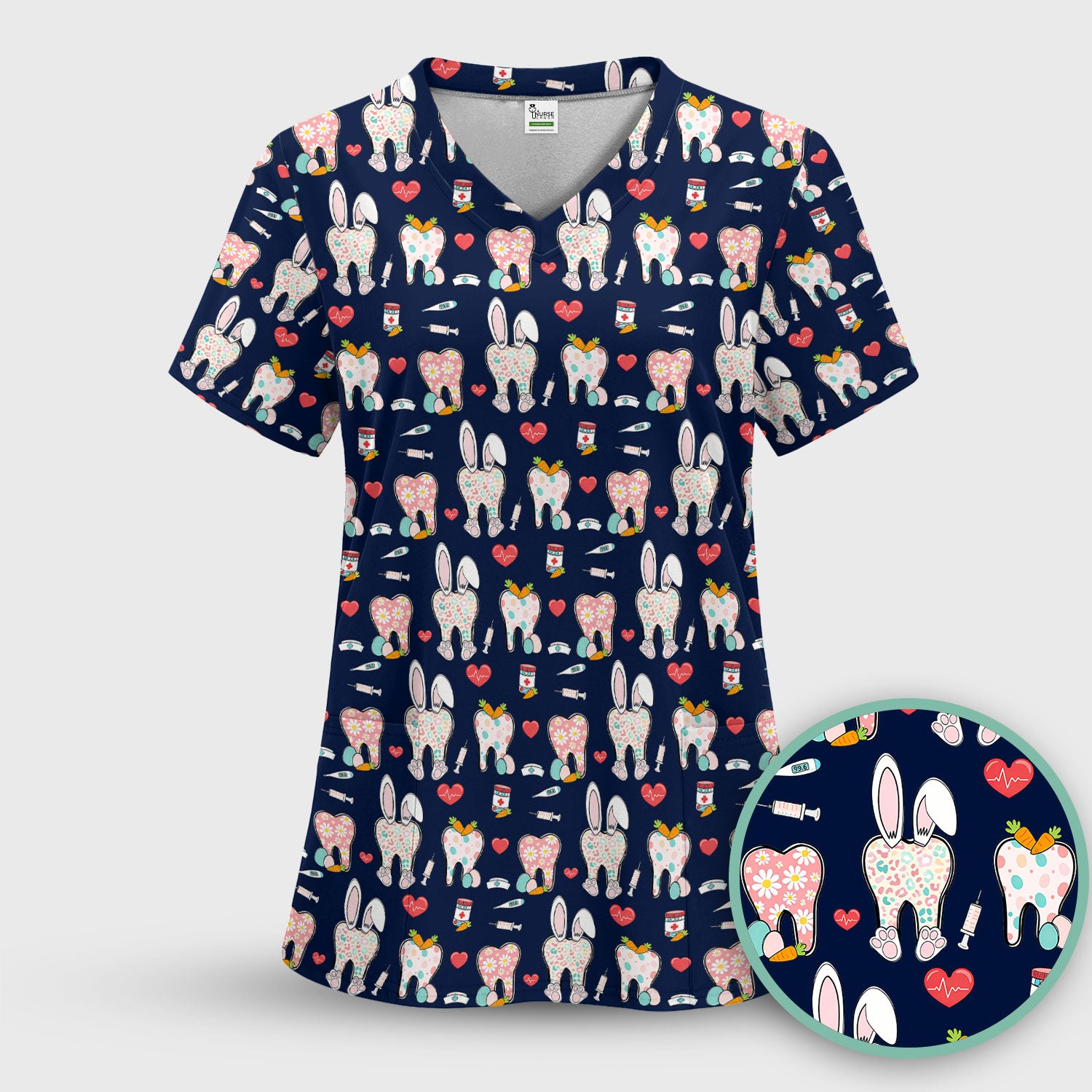 Playful Bunny Dentist Illustration Medical Scrub Top, Comfortable Scrubs for Nurses, Easter