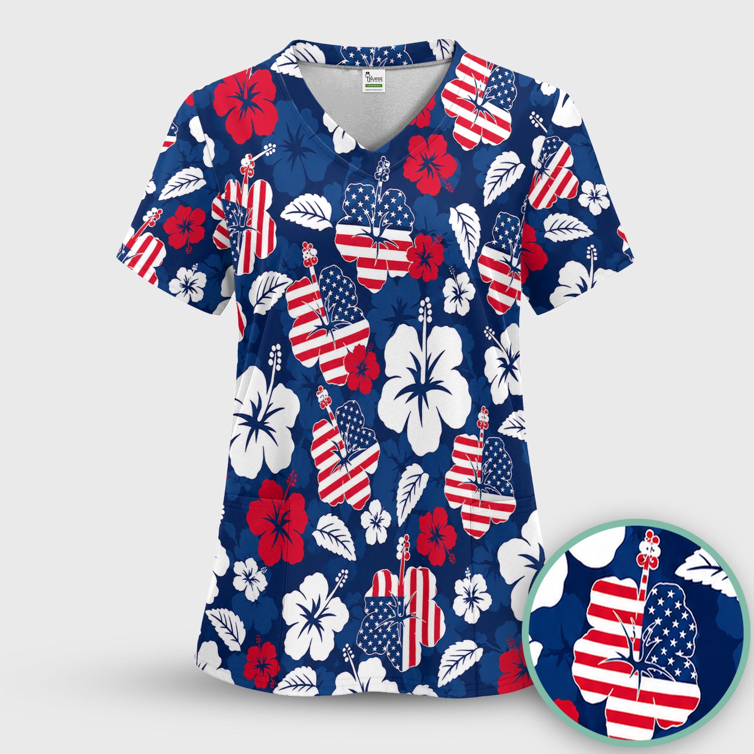 Patriotic Hibiscus Flag Floral Print Scrub Set, Scrub Pants and V Neck Top