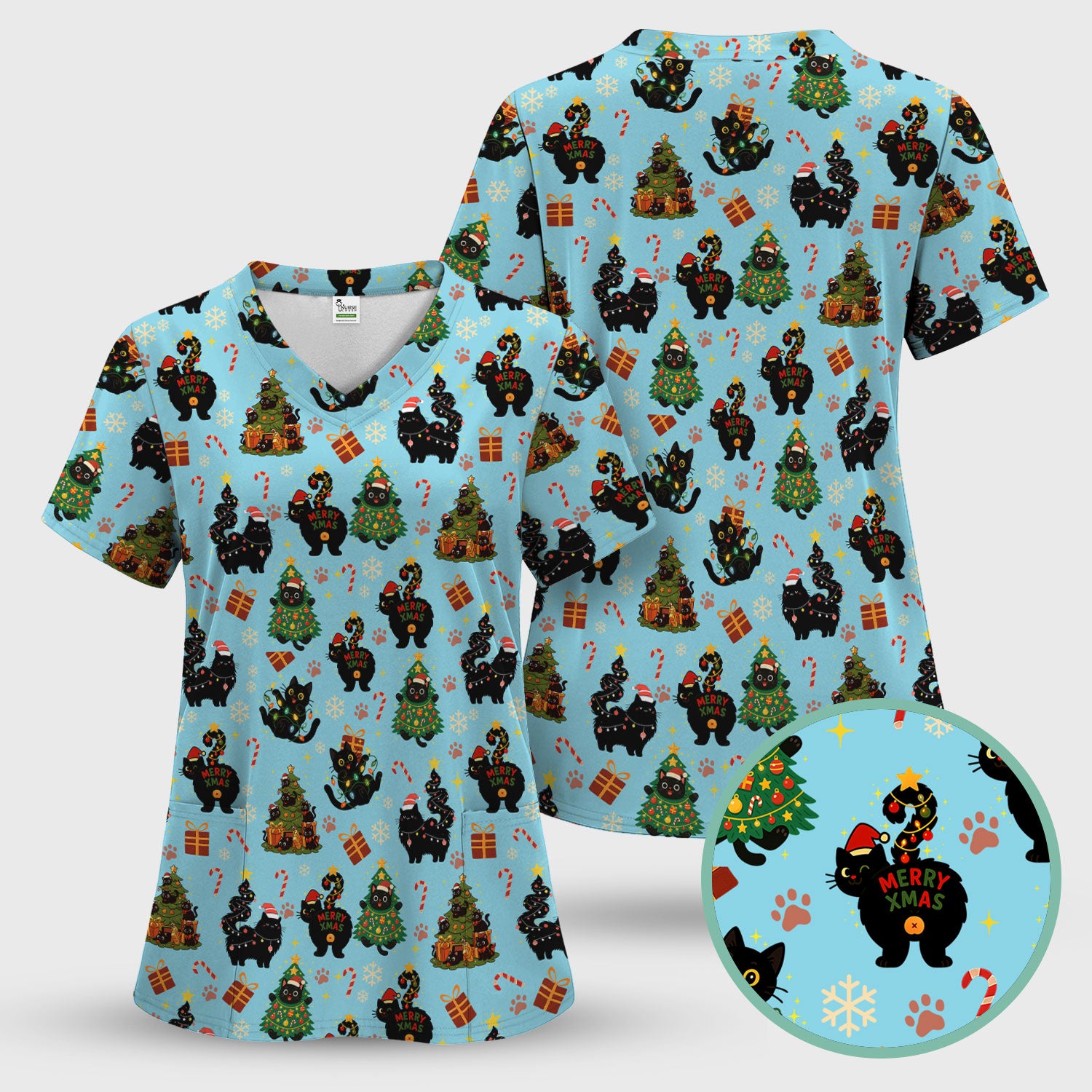 Christmas Cat Scrub Set for Women - Black Cat and Tree Pattern Holiday Nurse Scrubs - Cute Gift for RN LPN CNA
