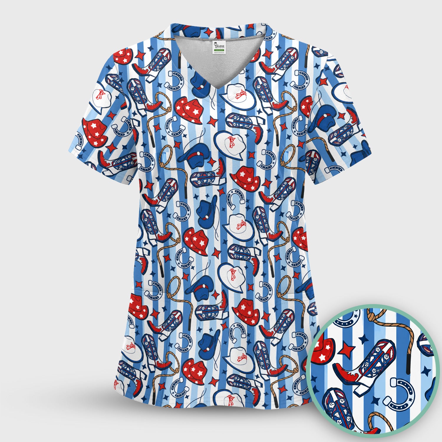 Western Cowboy Boots And Hats Print Scrub Top, Comfortable Scrubs for Nurses