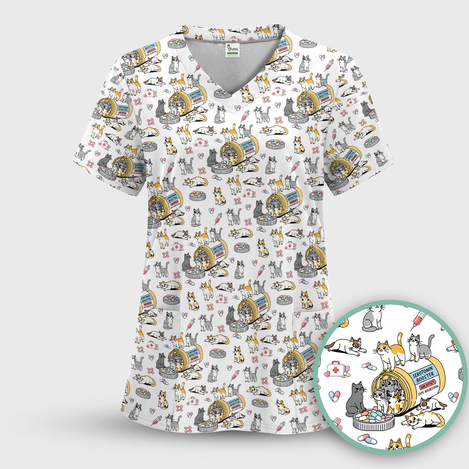 Cute Cat Serotonin Booster Pattern Scrub Top, Comfortable Scrubs for Nurses