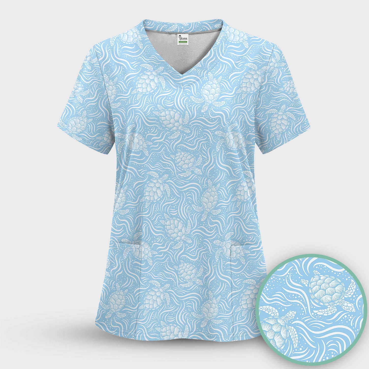 Cute Ocean Sea Turtle Waves Pattern Scrub Top, Comfortable Scrubs for Nurses