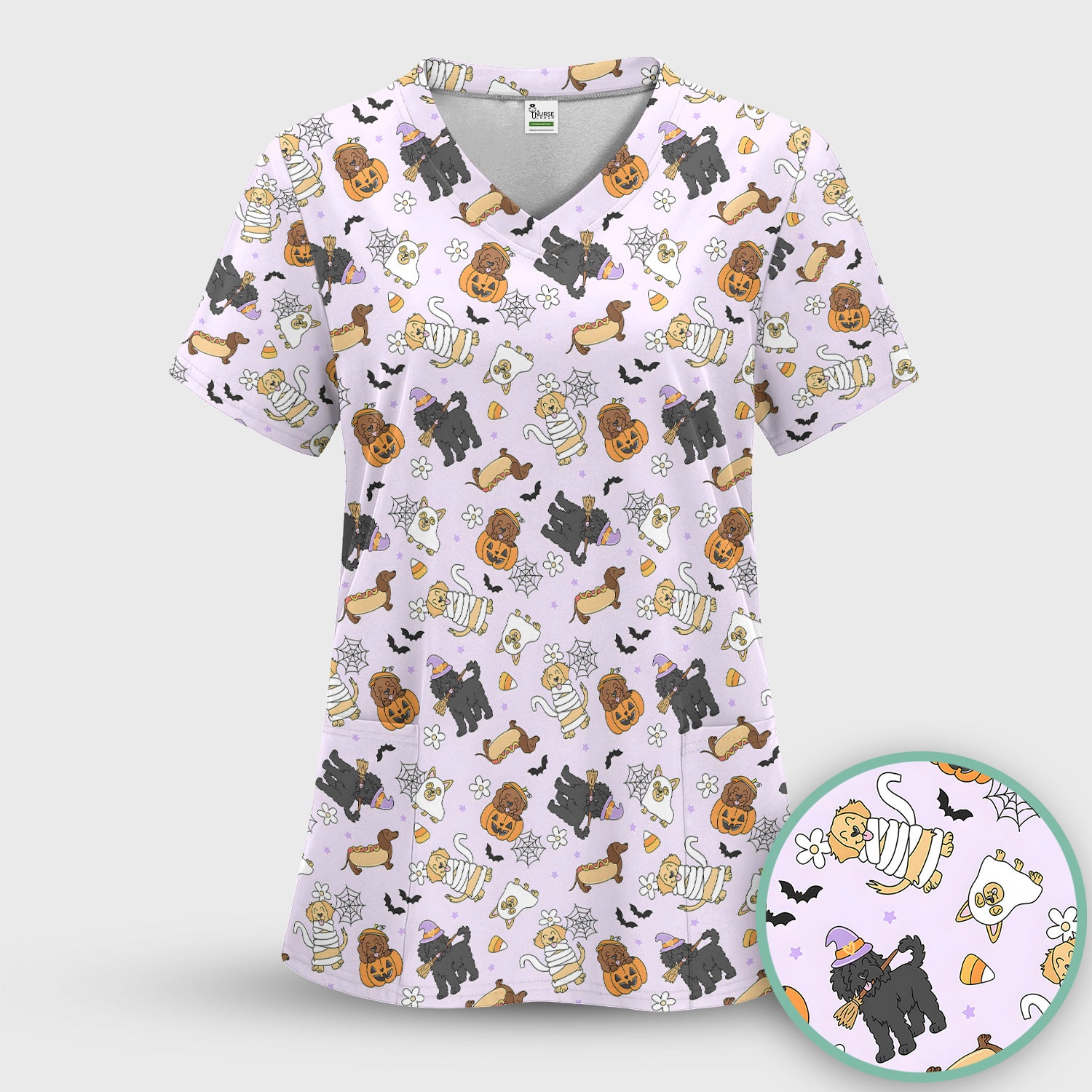 Cute Halloween Costumed Pets Scrub Top, Comfortable Scrubs for Nurses