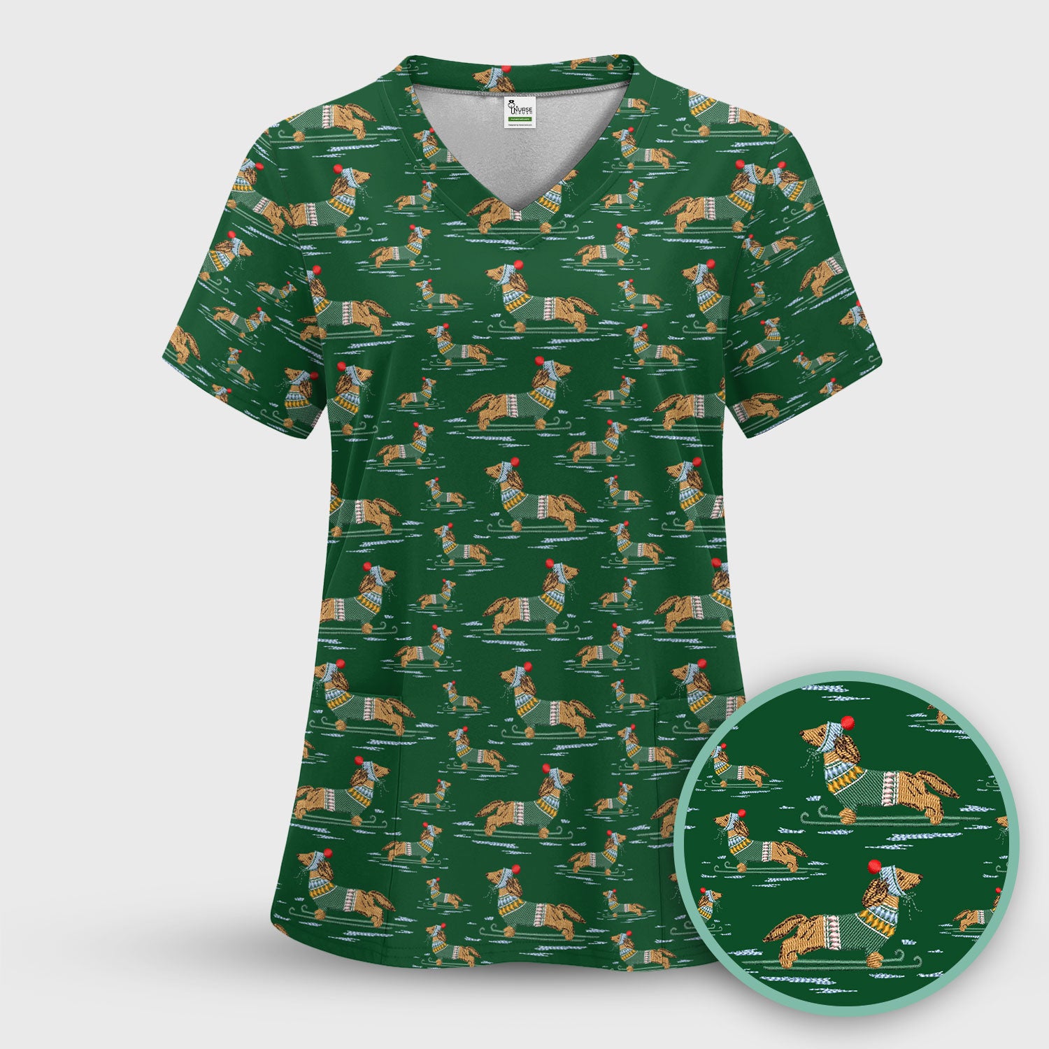Dachshund Nurse Scrub Top, Wiener Dog Winter Pattern Shirt, Breathable Fabrics Nursing Uniform