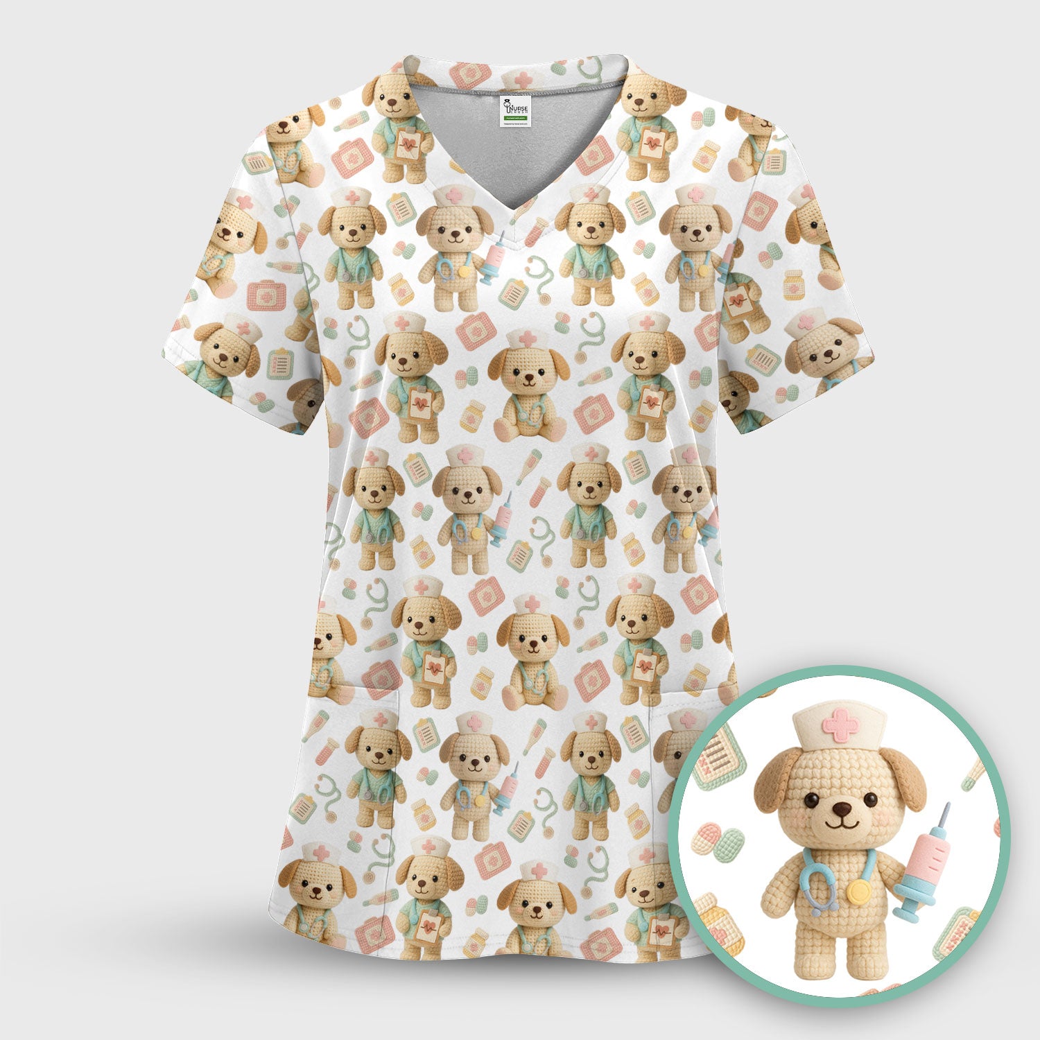 Cute Labrador Scrub Top for Nurse - Pastel Crochet Dog Medical Scrubs - Adorable Puppy Med Uniform Gift for Women