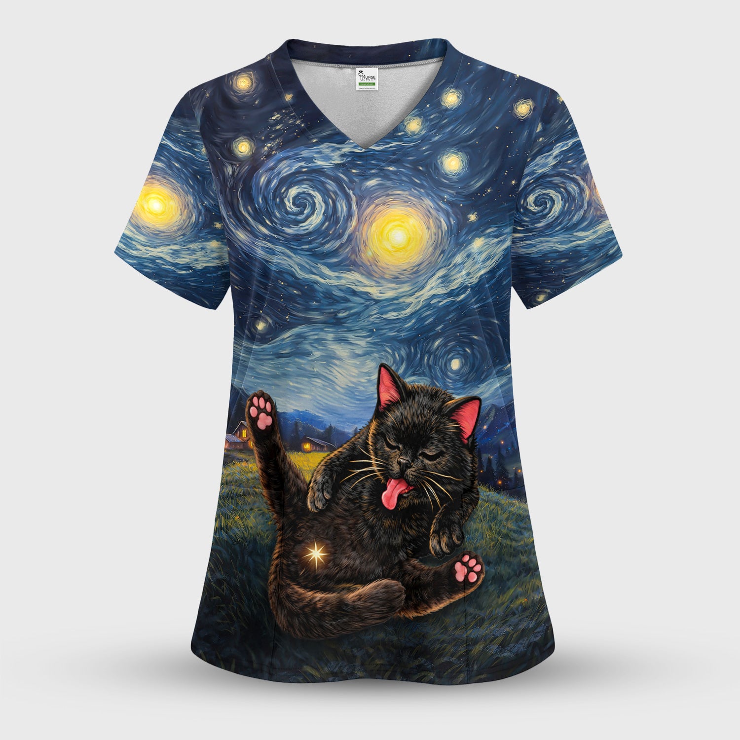 Funny Black Cat Cosmic Night Sky Pattern Scrub Top, Comfortable Scrubs for Nurses