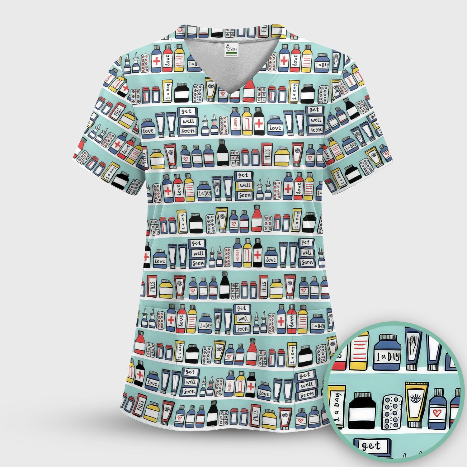 Medicine Bottle Pharmacy Pills Care Pattern Scrub Set, Scrub Pants and V Neck Top