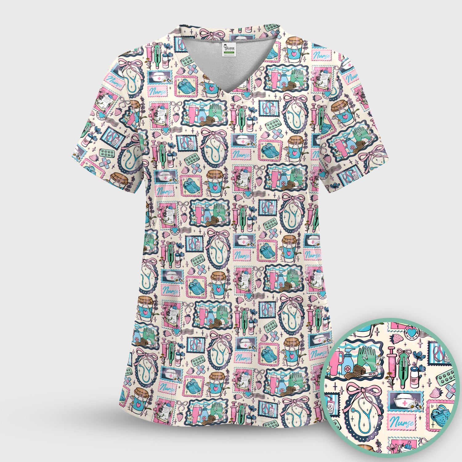 Medical Tools Stethoscope Syringe Frame Scrub Top, Breathable Fabrics Nursing Uniform
