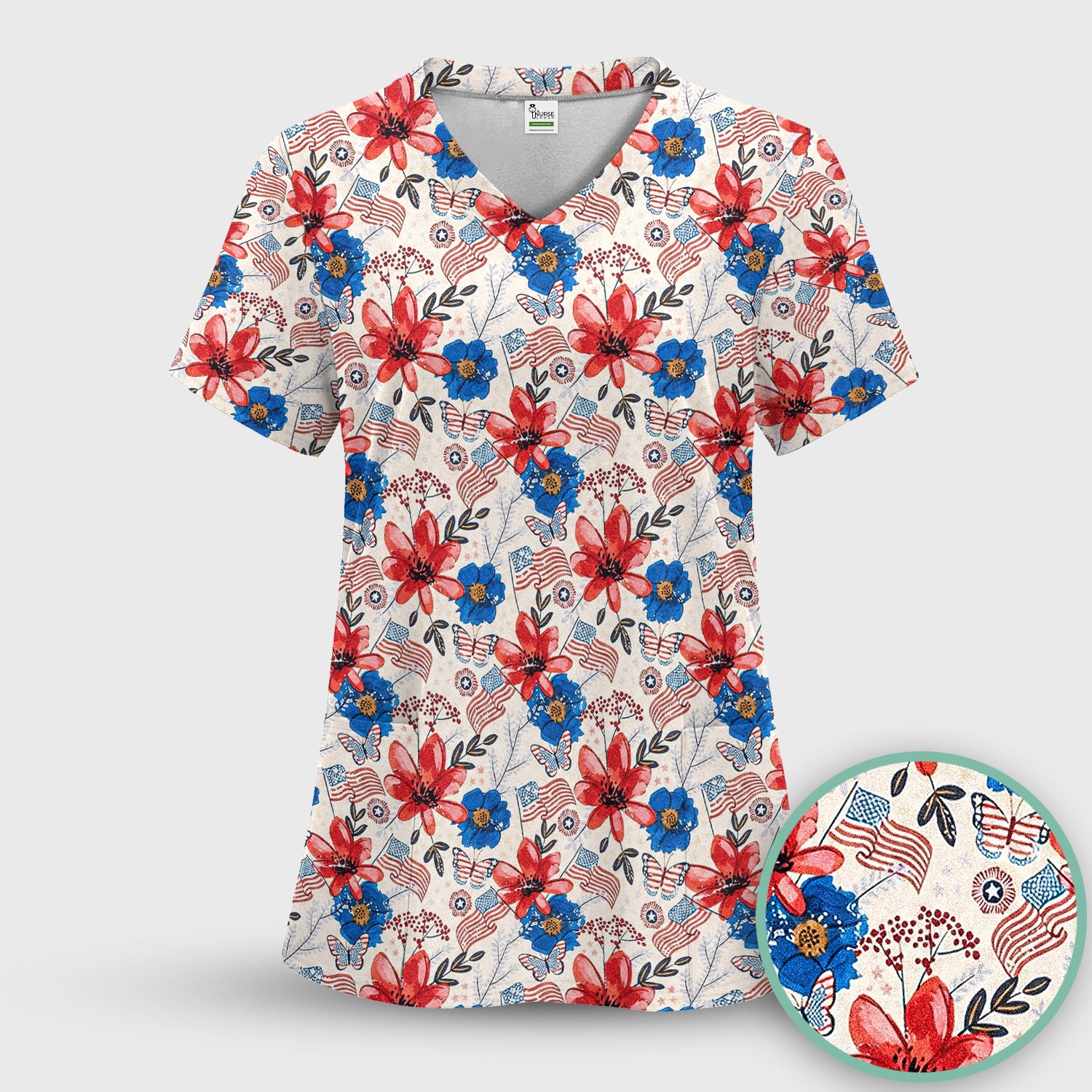 Patriotic Floral Flag Butterfly Pattern Scrub Set, Scrub Pants and V Neck Top