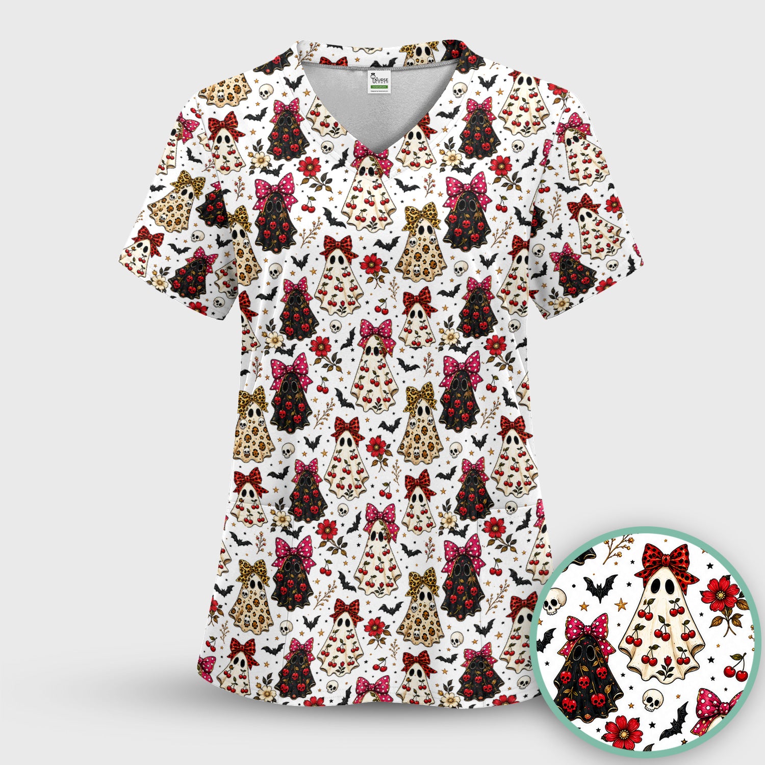 Spooky Halloween Ghost Pattern Scrub Set, Scrub Pants and V Neck Top