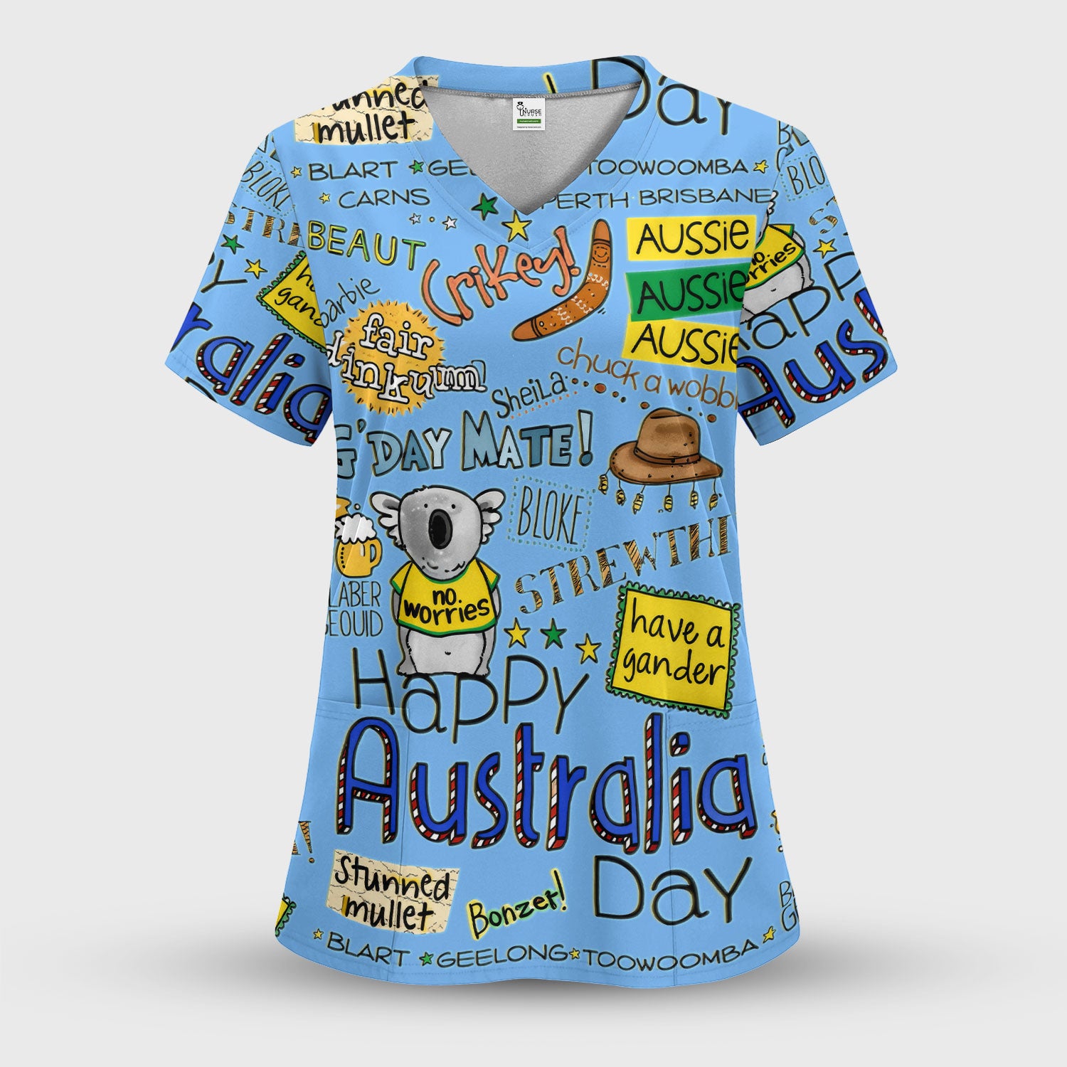 Cute Cartoon Koala Australia Pattern Scrub Top, Breathable Fabrics Nursing Uniform