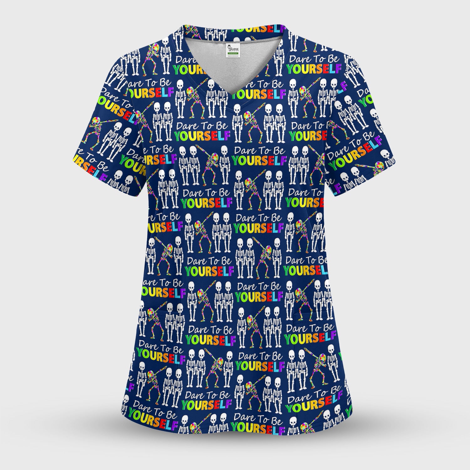 Rainbow Skeleton Dare To Be Yourself Pattern Scrubs Top, Comfortable Scrubs for Nurses