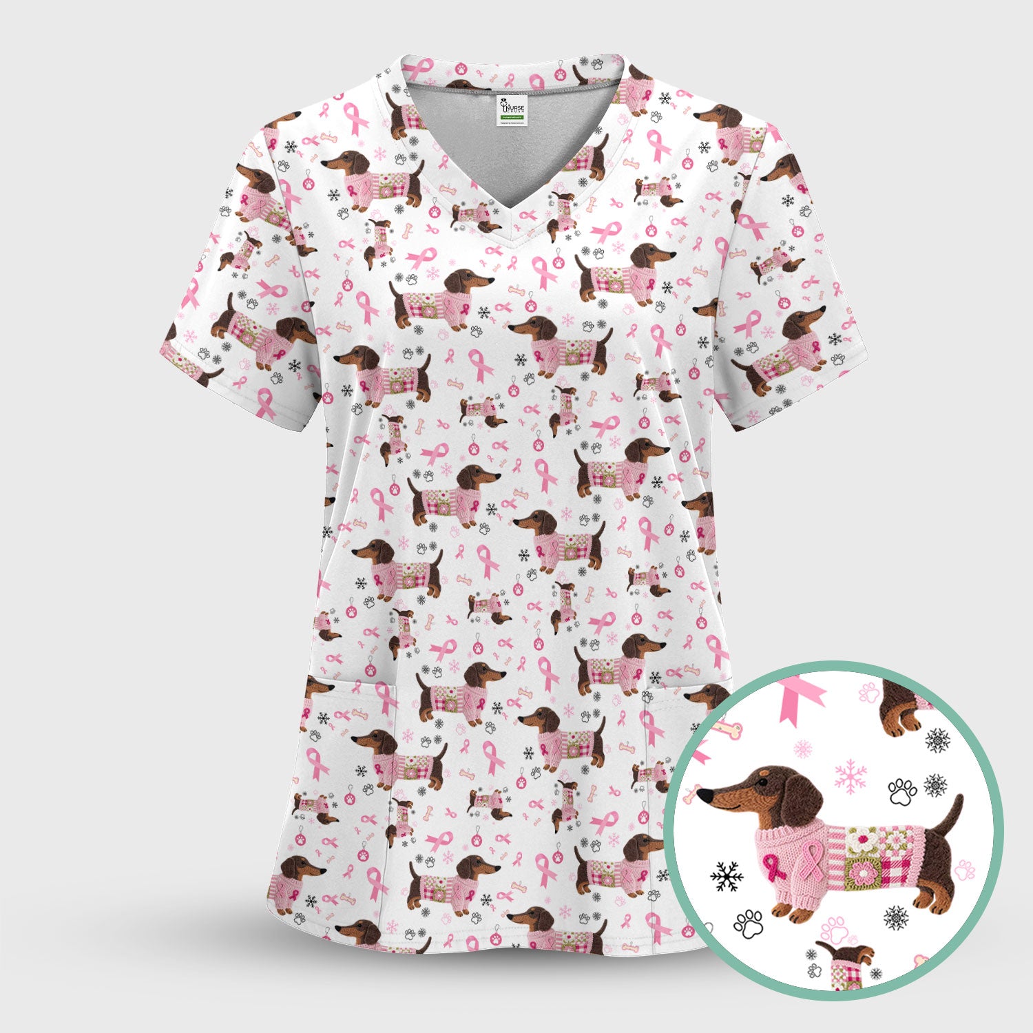 Dachshund Breast Cancer Awareness Scrub - Puppy Dog Pink Ribbon Nurse Shirt - Wiener Support Fight Cancer Gift