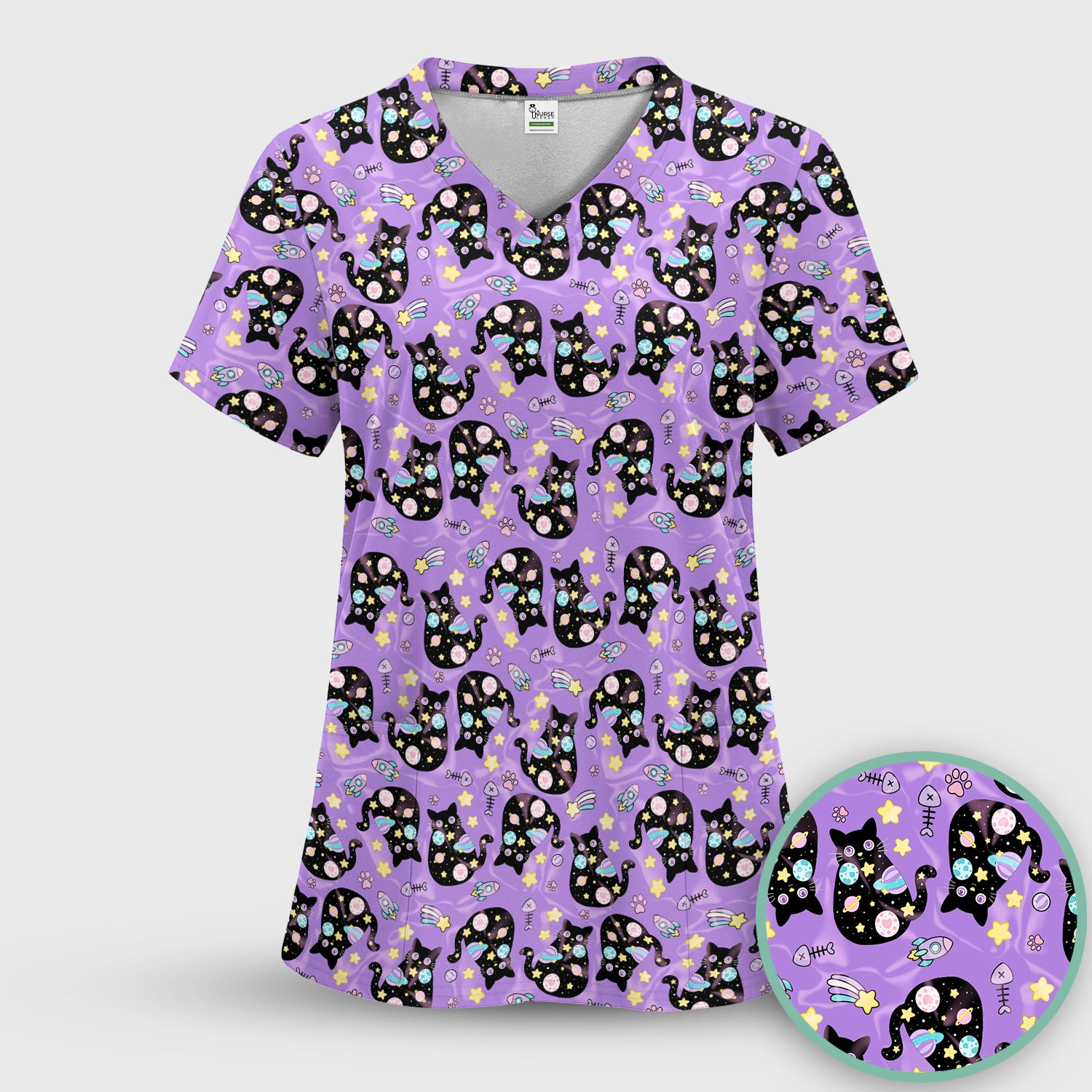 Galaxy Black Cat Space Pattern Scrub Top, Breathable Fabrics Nursing Uniform