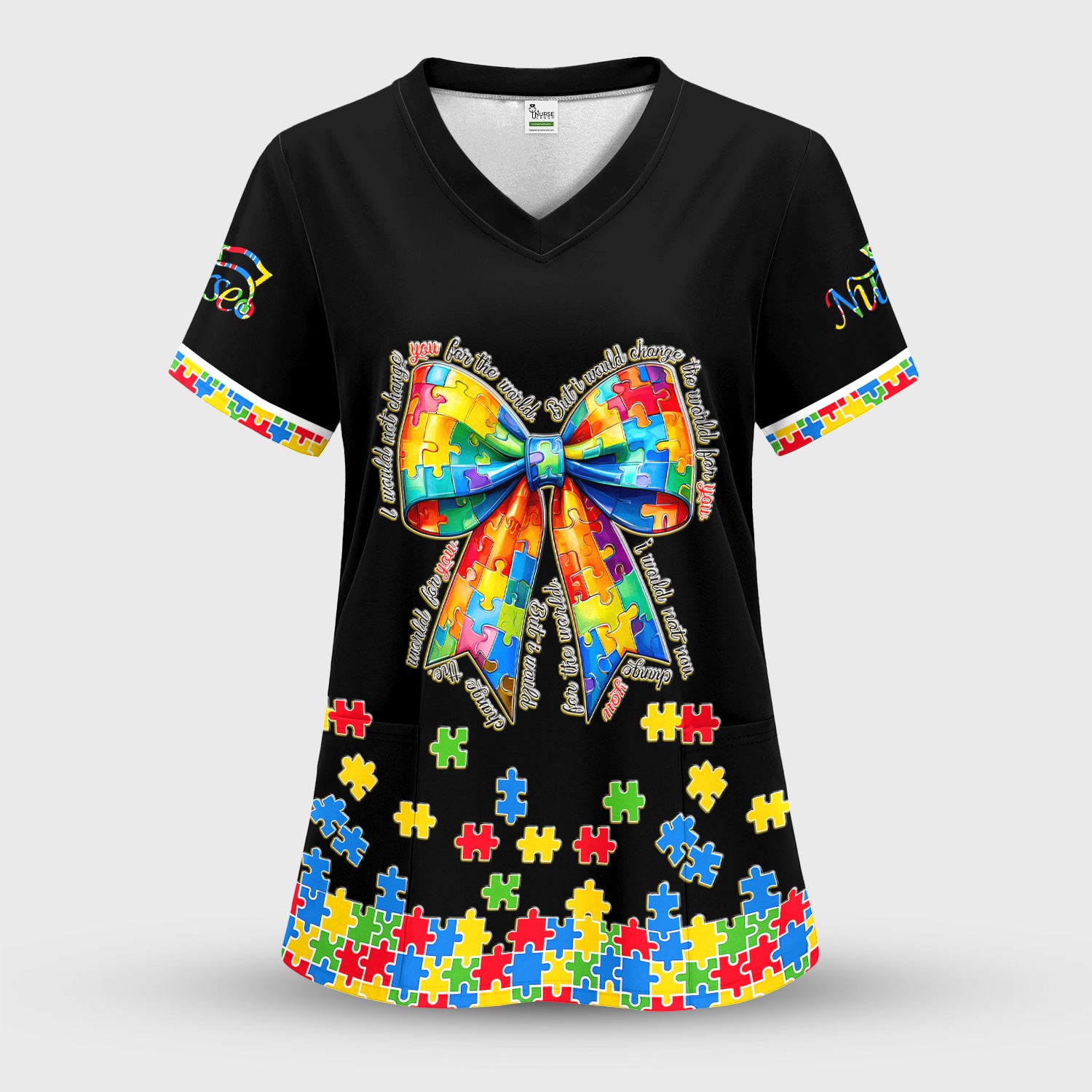 Autism Puzzle Bow Colorful Pieces Print Scrub Set, Breathable Med Uniform