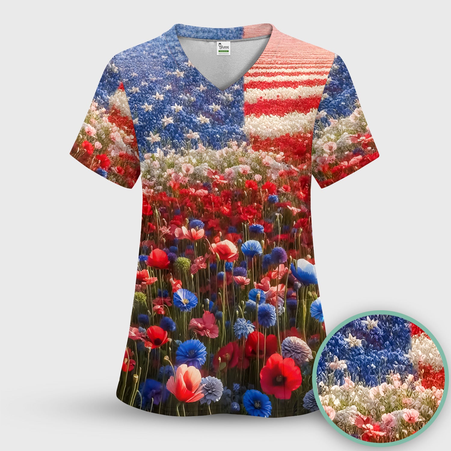 Festive Nurse American Flag Wildflower Field Scrub Top, Breathable Fabrics Nursing Uniform