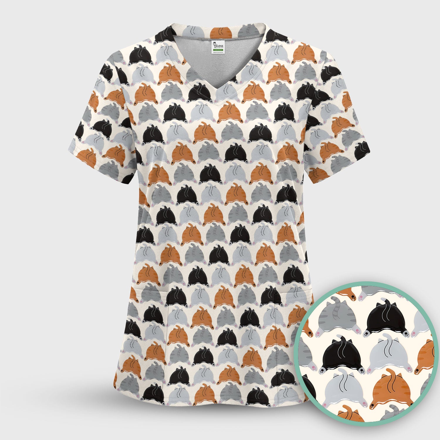 Playful Multicolor Cat Print Scrub Top, Breathable Fabrics Nursing Uniform