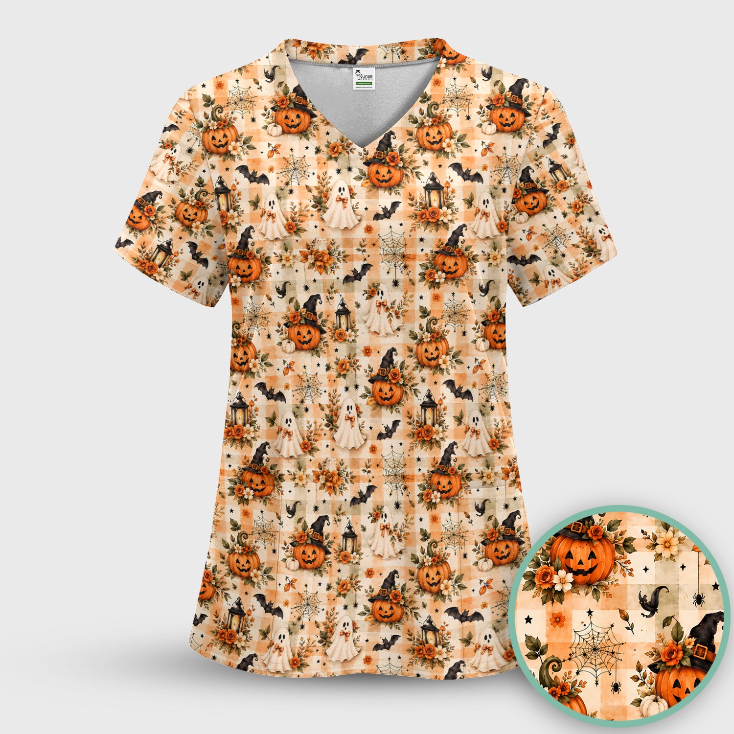 Vintage Halloween Pumpkin And Ghost Scrub Set, Scrub Pants and V Neck Top