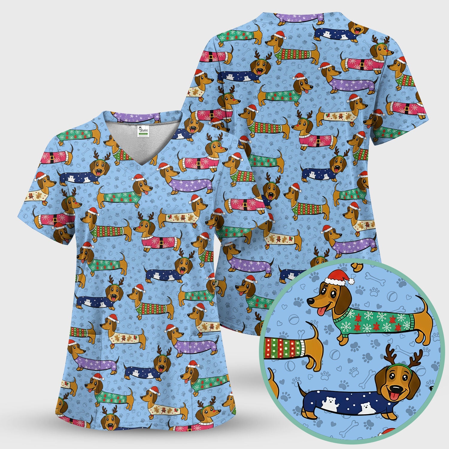 Funny Dachshund Dog Christmas Scrub Top for Nurses - Holiday Reindeer Wiener Dog Shirt - Cute Vet Tech Uniform Gift