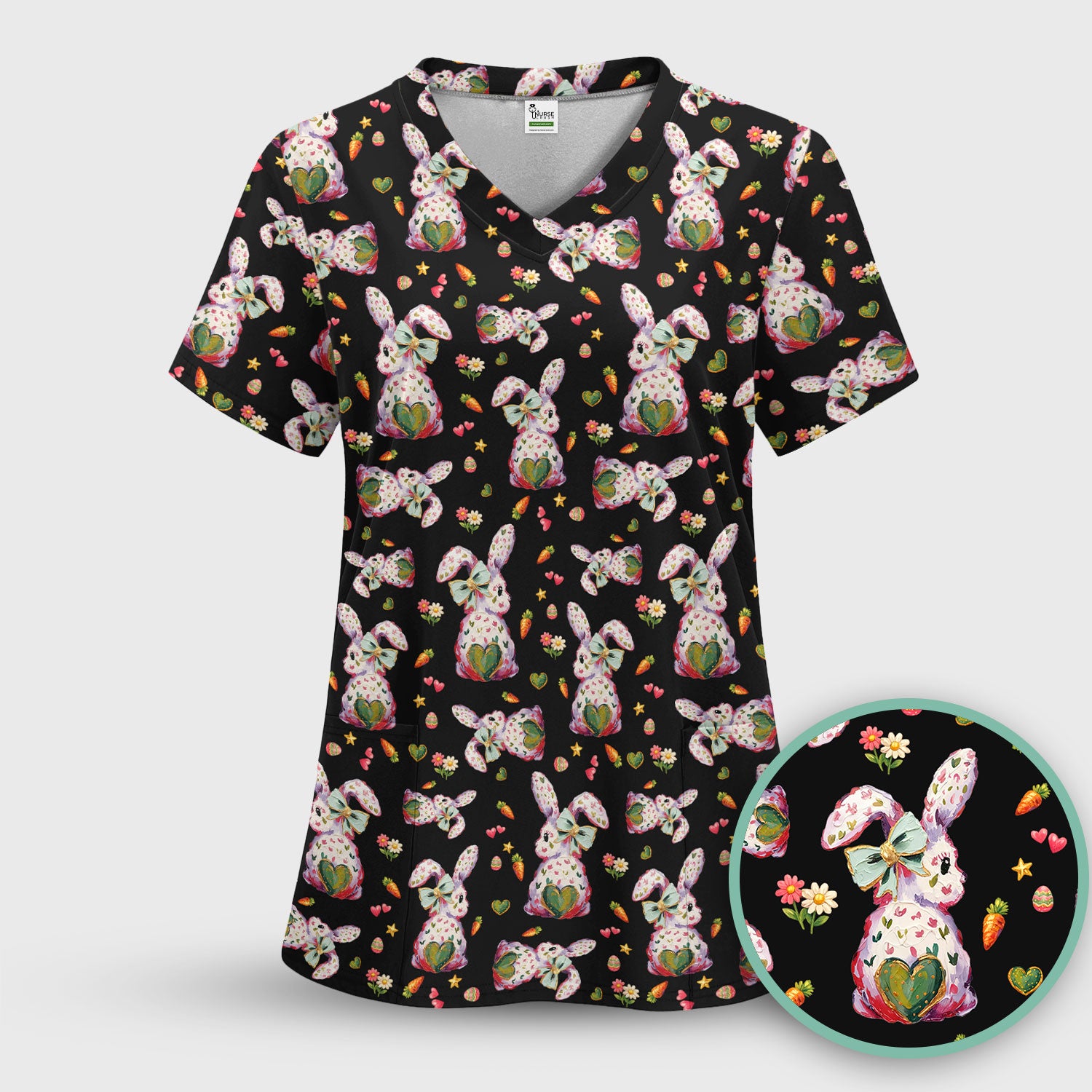 Cute Pastel Bunny Easter Pattern Scrub Top, Comfortable Scrubs for Nurses
