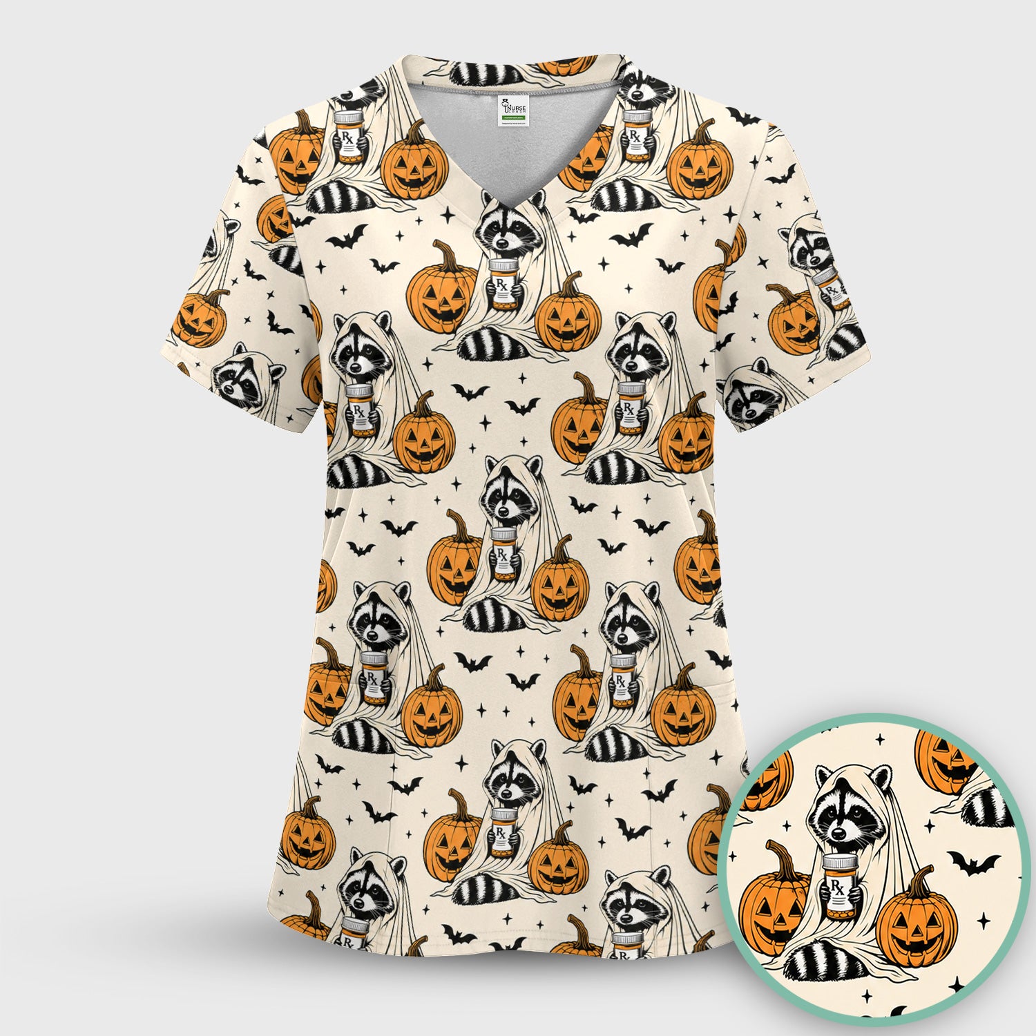 Halloween Raccoon with Pumpkin Bat Print Scrub Top, Comfortable Scrubs for Nurses