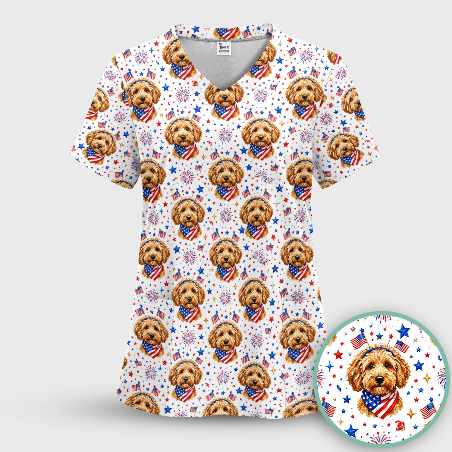 Patriotic Goldendoodle Nurse Pattern Scrub Set, Scrub Pants and V Neck Top