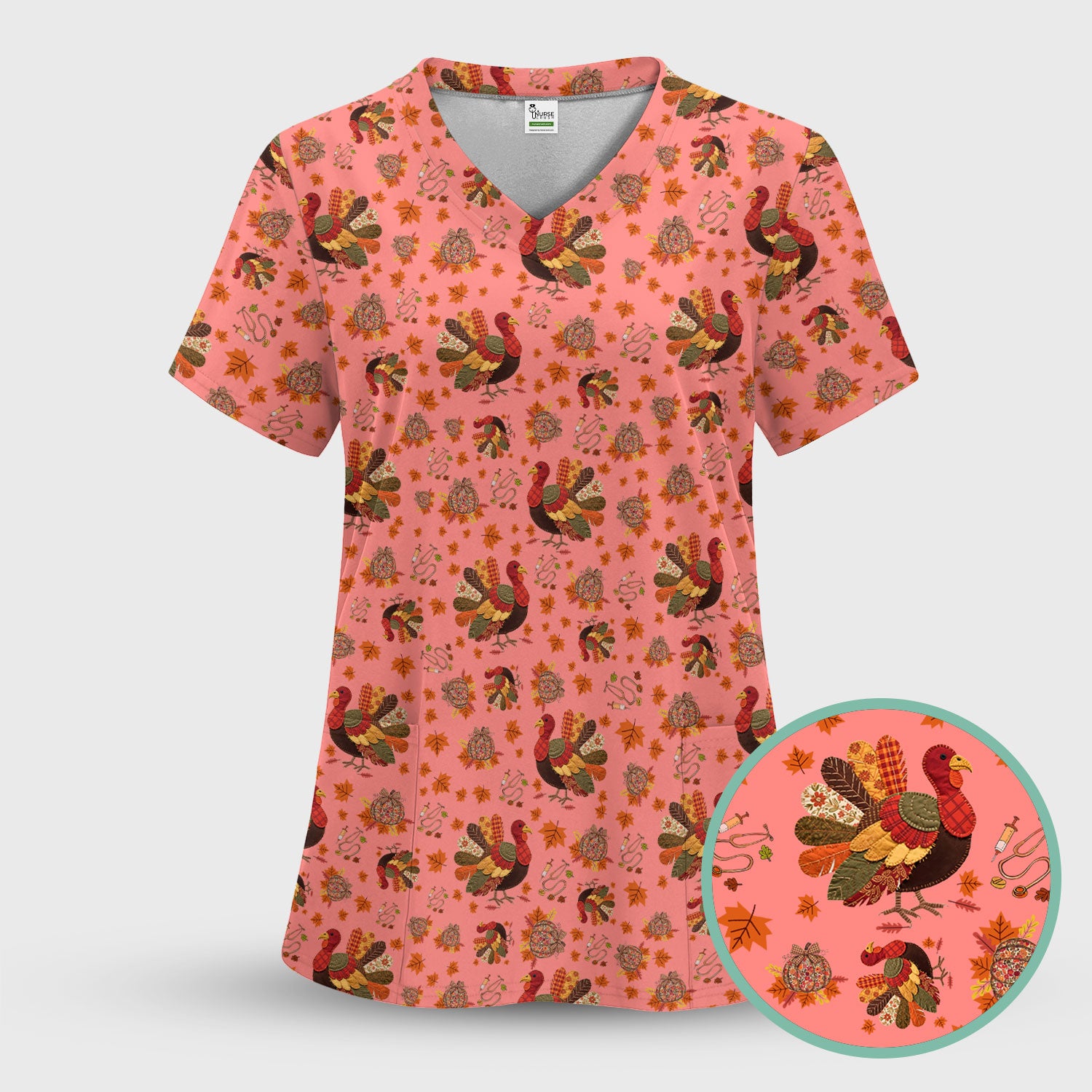 Fall Leaves Thanksgiving Scrubs for Nurses - Comfortable Scrub Tops - Turkey Nursing Uniform Gift for Women