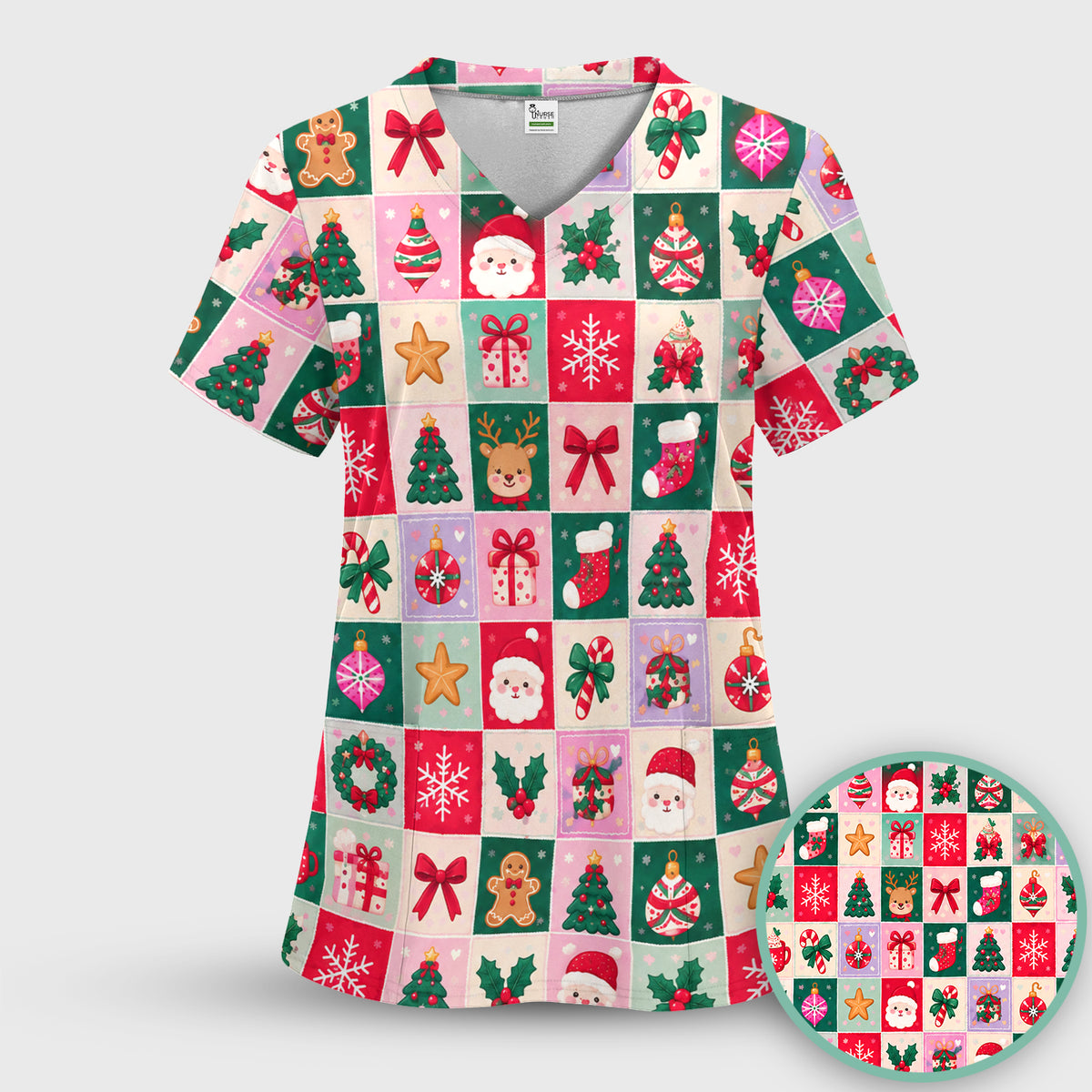 Cute Christmas Santa Patchwork Scrub Set, Scrub Pants and V Neck Top