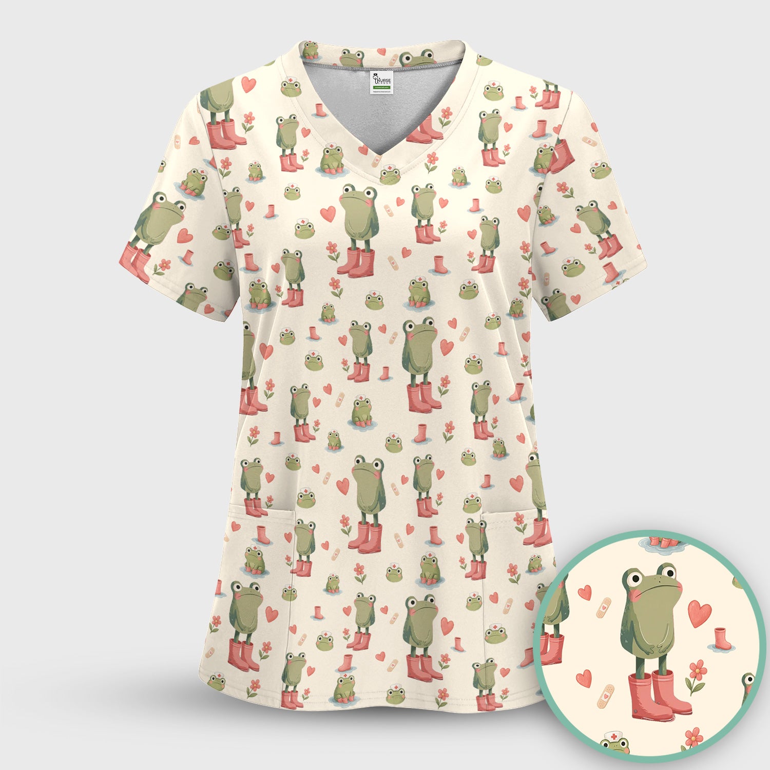 Adorable Frog Boots Heart Pattern Scrub Top, Comfortable Scrubs for Nurses