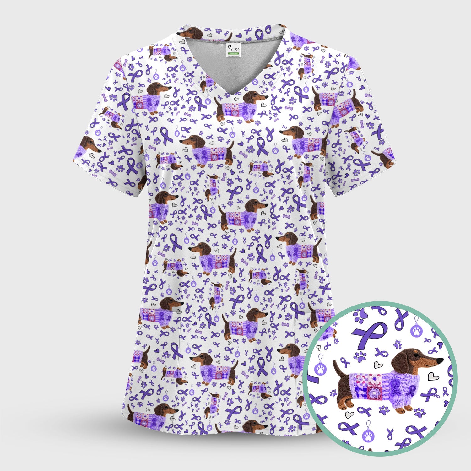 Purple Ribbon Dachshund Scrub Top for Nurses - Cute Awareness Dog Paw Prints - Support Lupus Cancer Med Uniform Gift for Women
