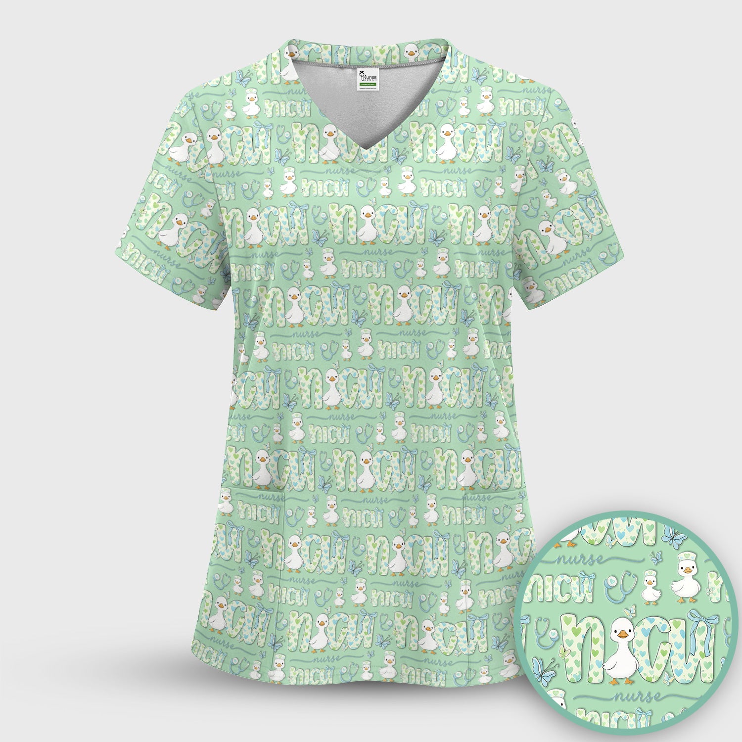 NICU Nurse Duck Pattern Scrub Set, Scrub Pants and V Neck Top