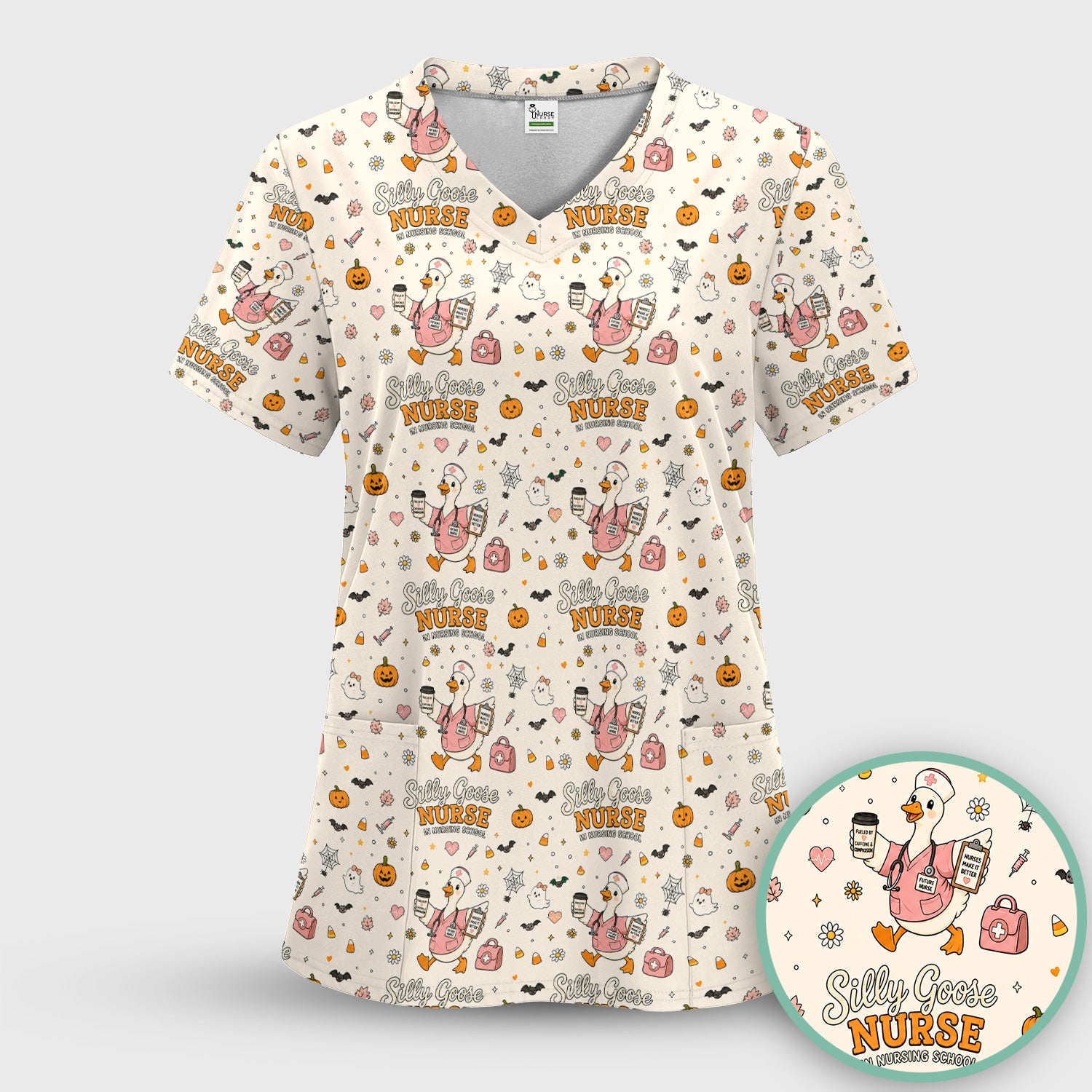 Funny Halloween Silly Goose Pattern Scrub Set, Scrub Pants and V Neck Top
