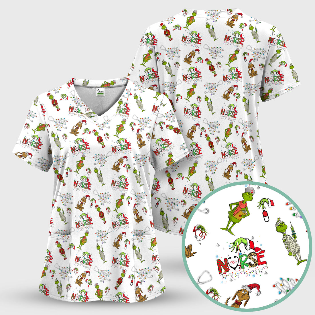 Grinch Christmas Nurse Scrub Shirt - Funny Holiday Scrub Top for Women - Multi Color Nursing Work Shirt with Pockets
