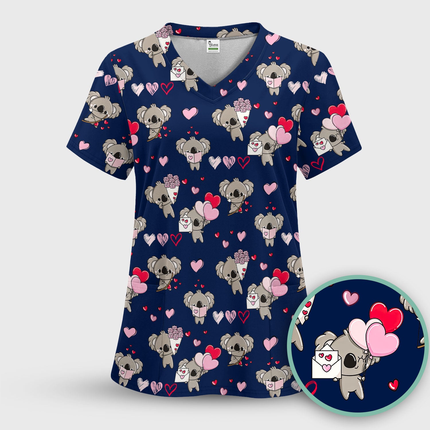 Valentine Koala Holding Flowers Cute Print Scrub, Women's Scrub Sets
