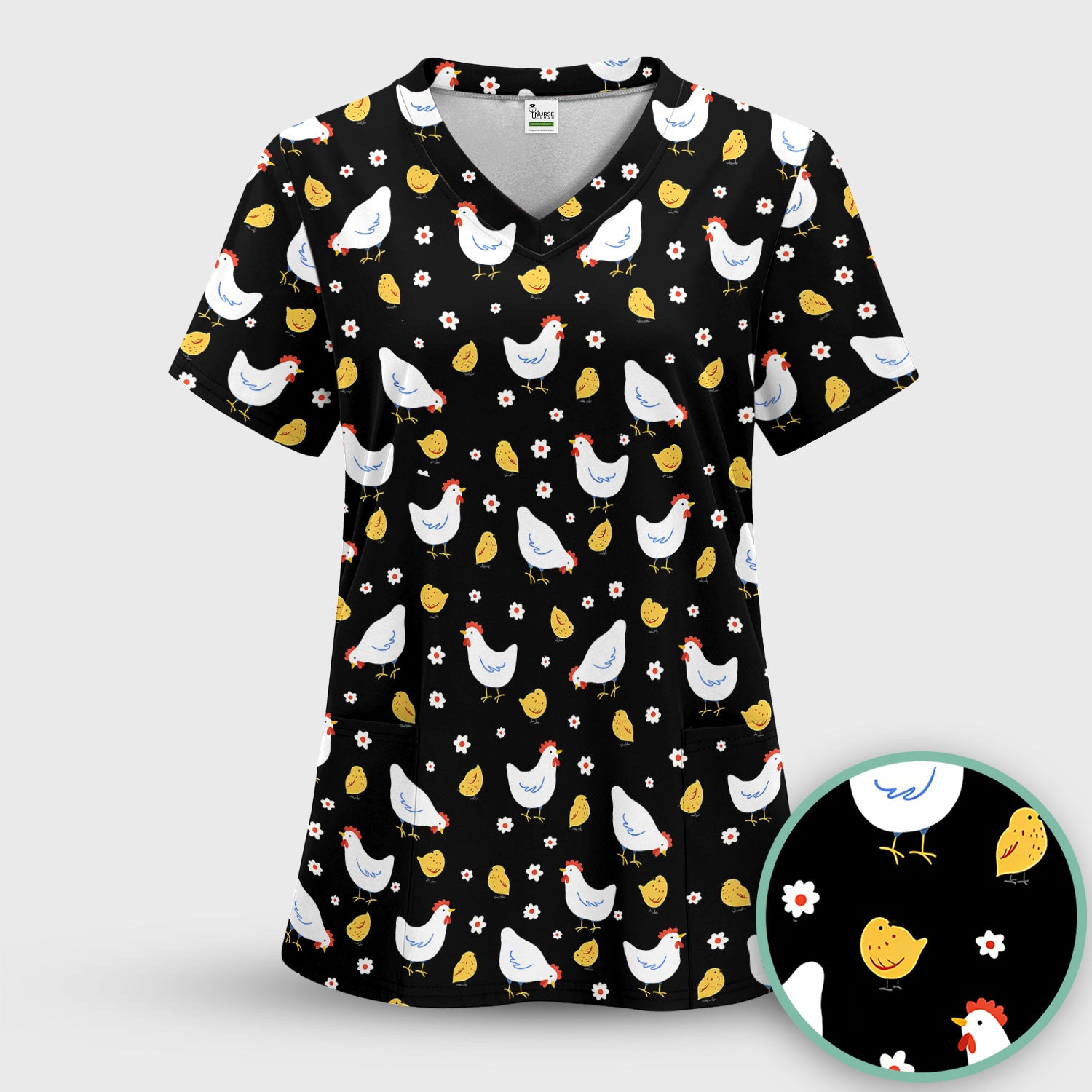 Chicken And Cute Chicks Pattern Scrubs Top, Comfortable Scrubs for Nurses
