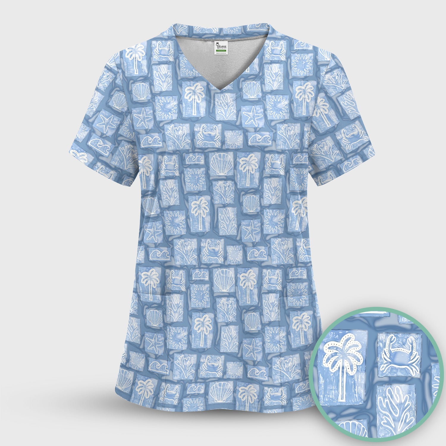 Cute Coastal Seashell Starfish Nurse Pattern Scrub Set, Scrub Pants and V Neck Top