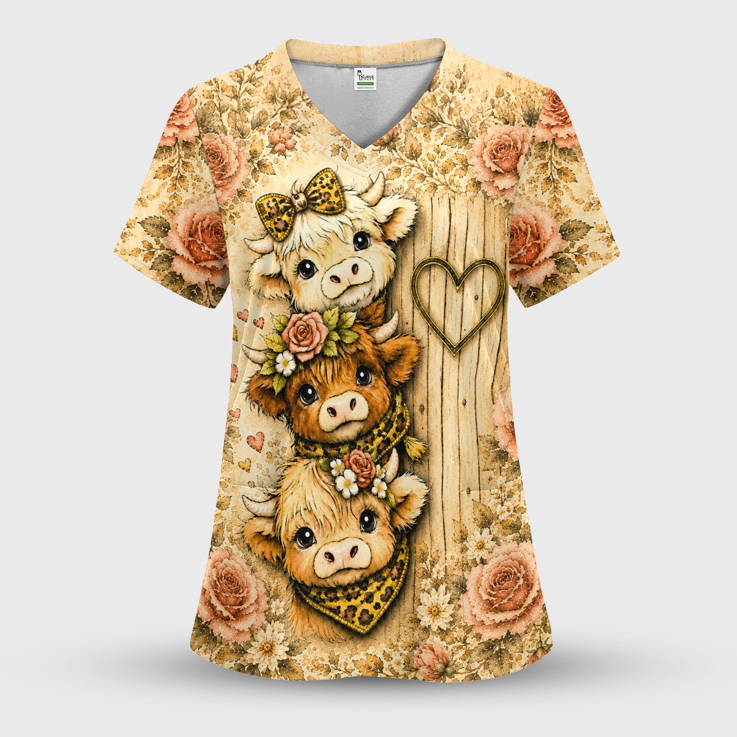 Highland Cow with Floral Farmhouse Scrub Top, Comfortable Scrubs for Nurses