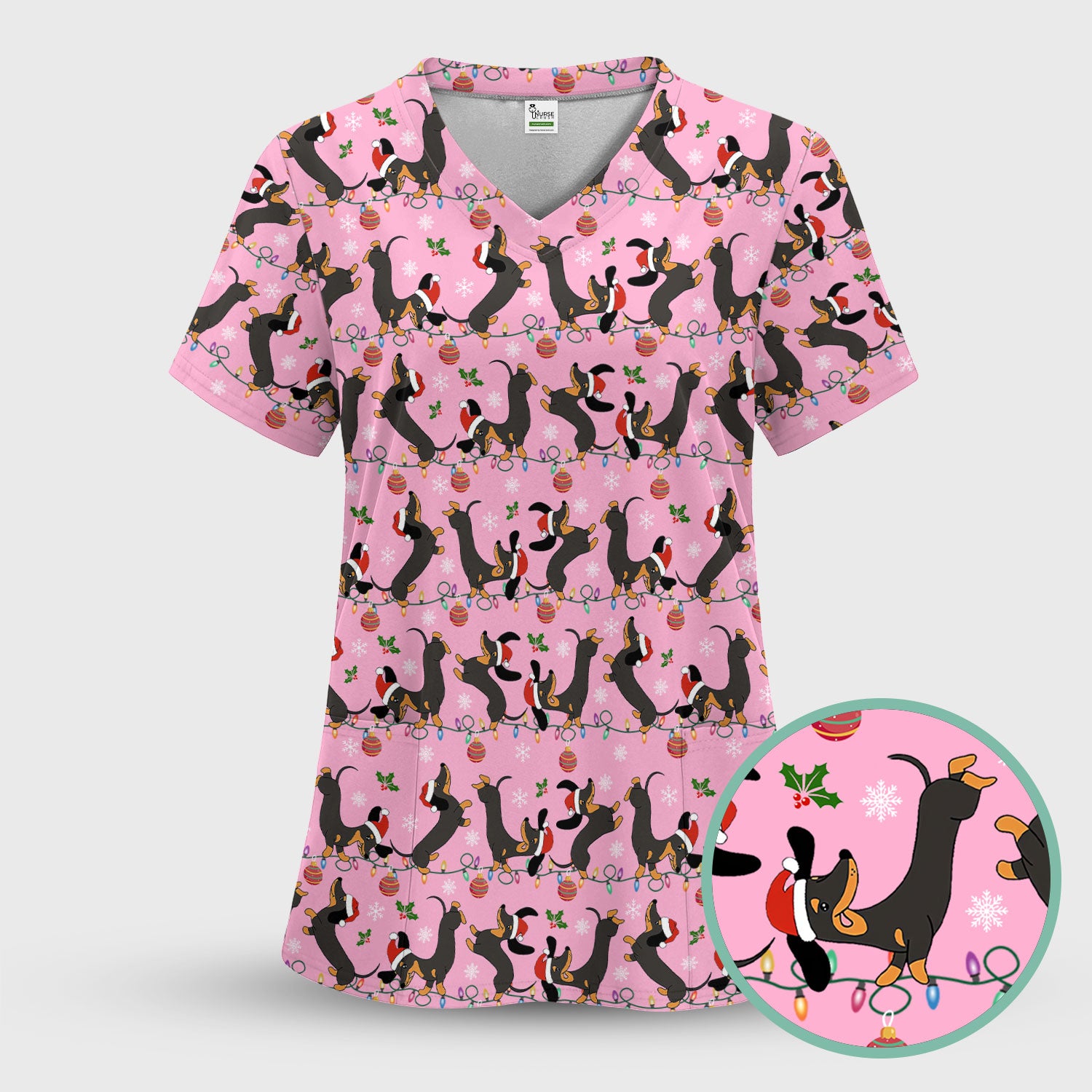 Christmas Dachshund Scrub Top - Cute Wiener Dog Holiday Nurse Shirt for Women - Festive Medical Uniform for RN CNA LPN