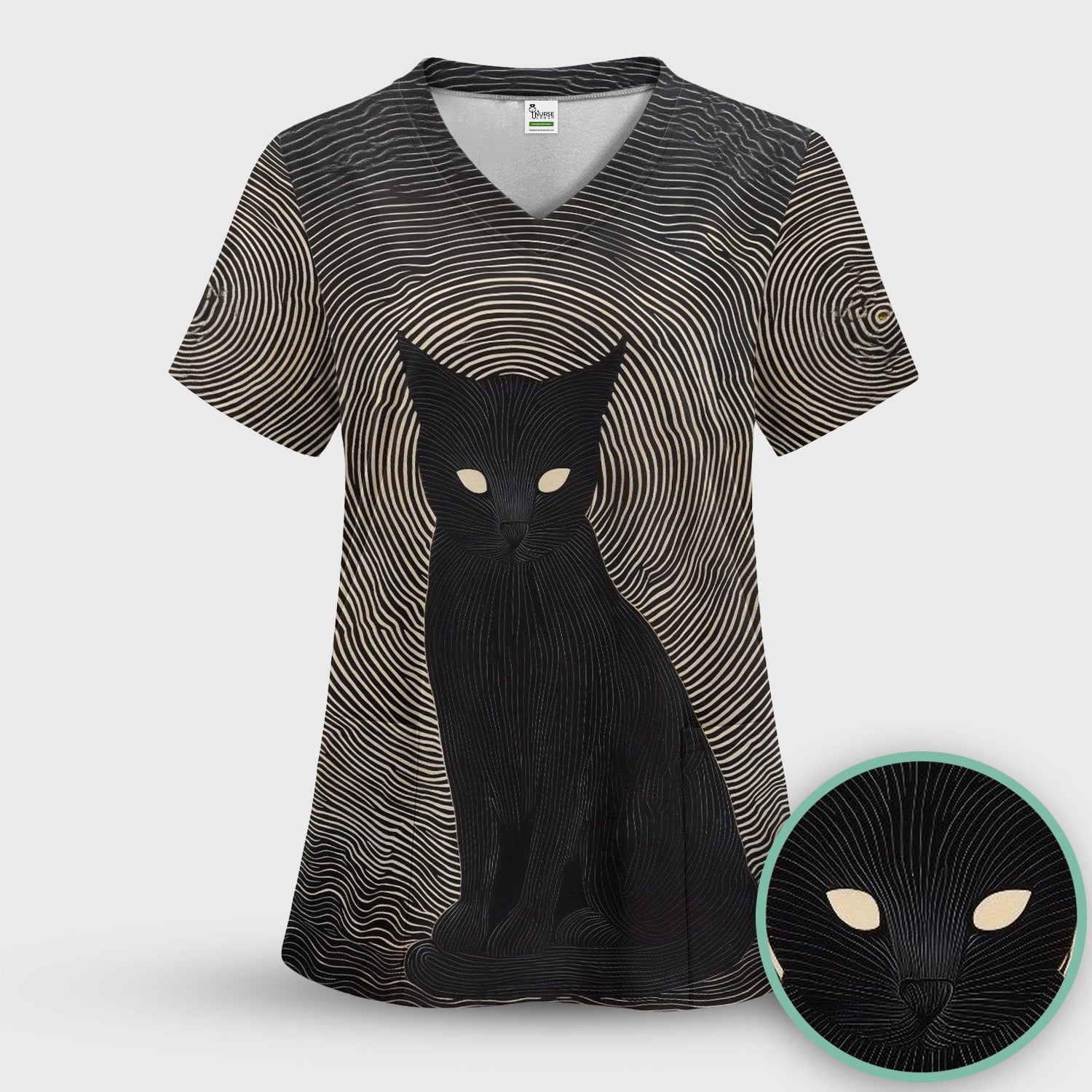 Black Cat Line Art Print Scrub Top, Comfortable Scrubs for Nurses