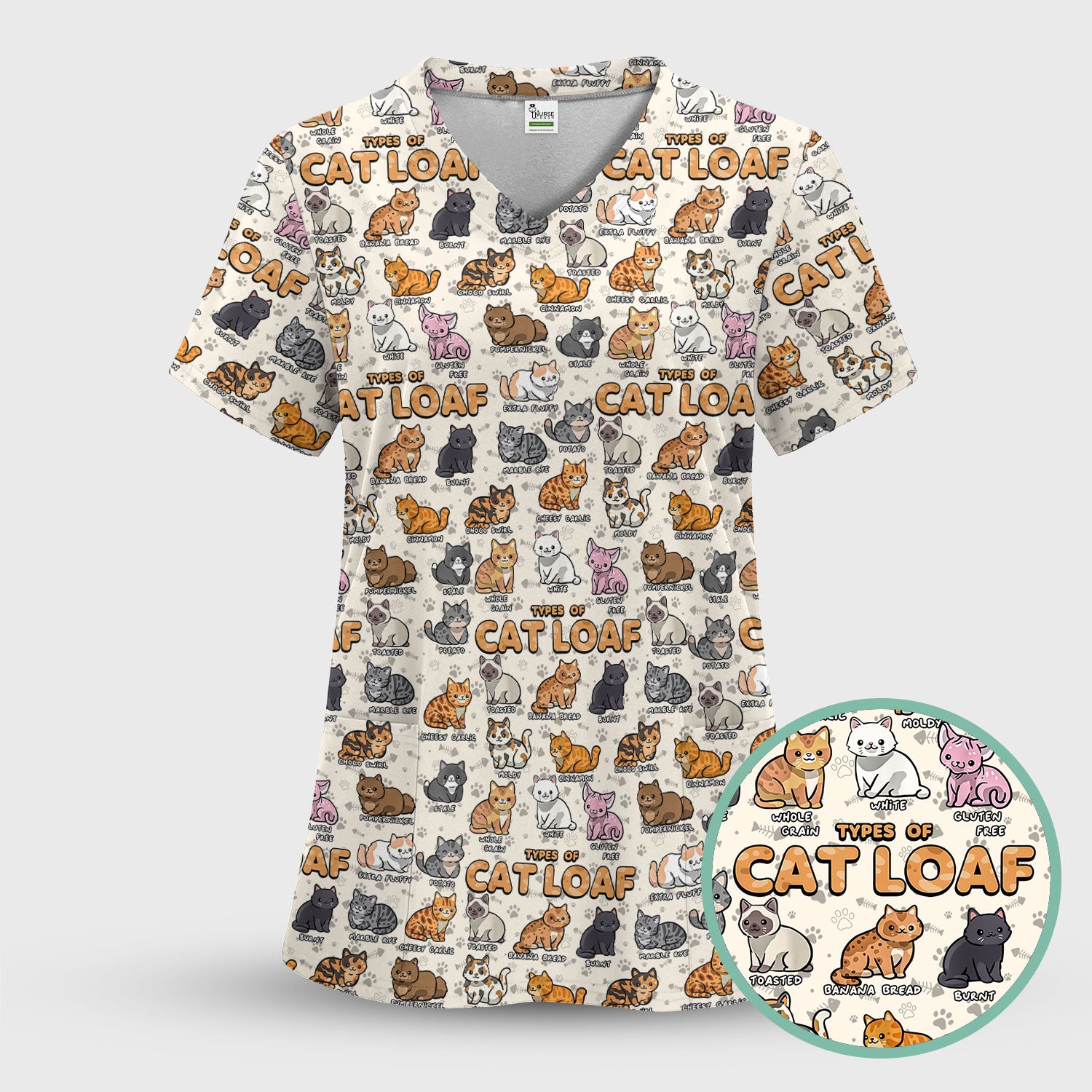 Funny Cat Loaf Nurse Scrub Set for Women - Cute Cat Medical Uniform Top and Pants - Ugly Sweater Pet Lover Gift