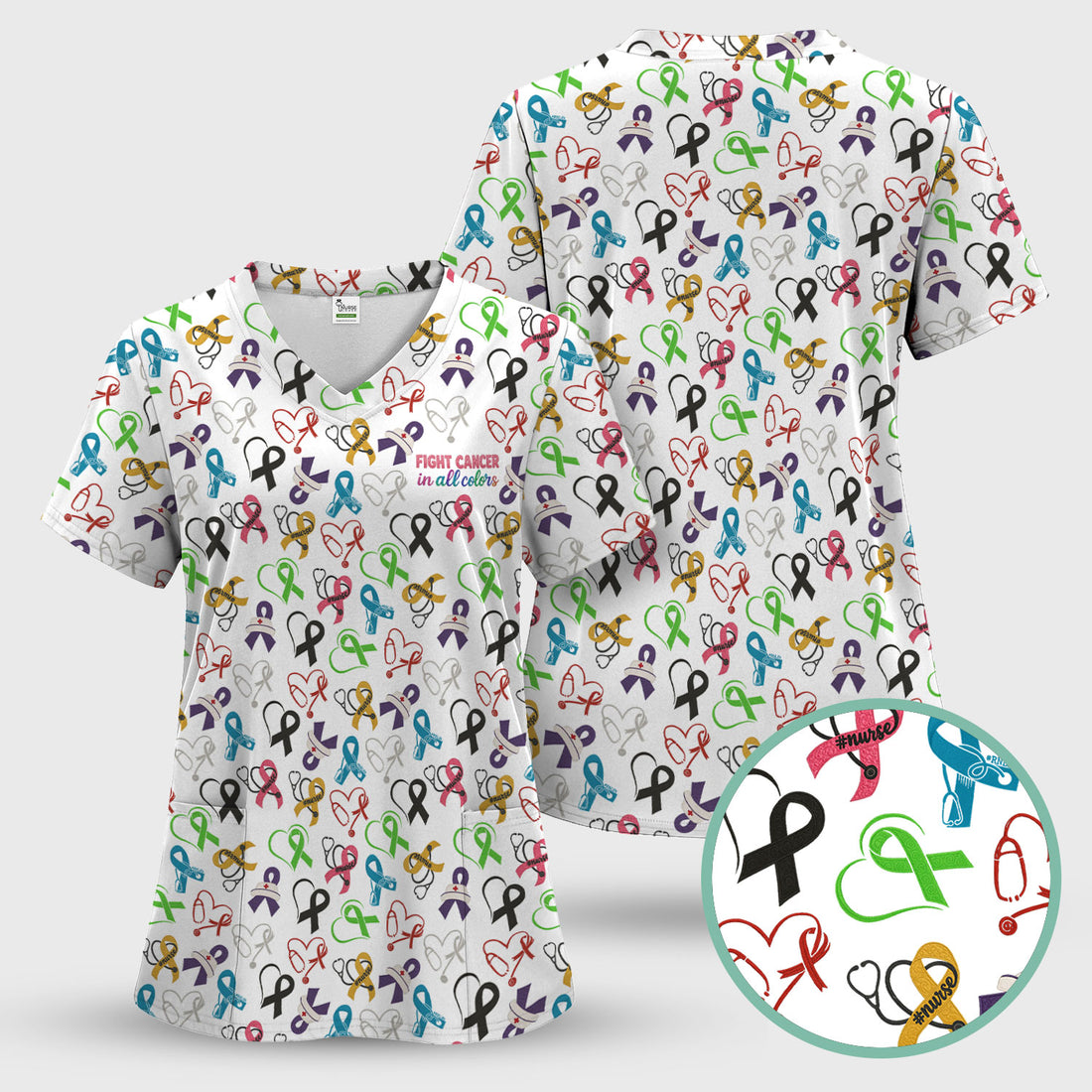 Cancer Awareness Scrub Top - Fight Cancer In All Colors Nurse Shirt - Colorful Ribbon Medical Scrubs Gift with Pockets for Women CNA RN Doctor