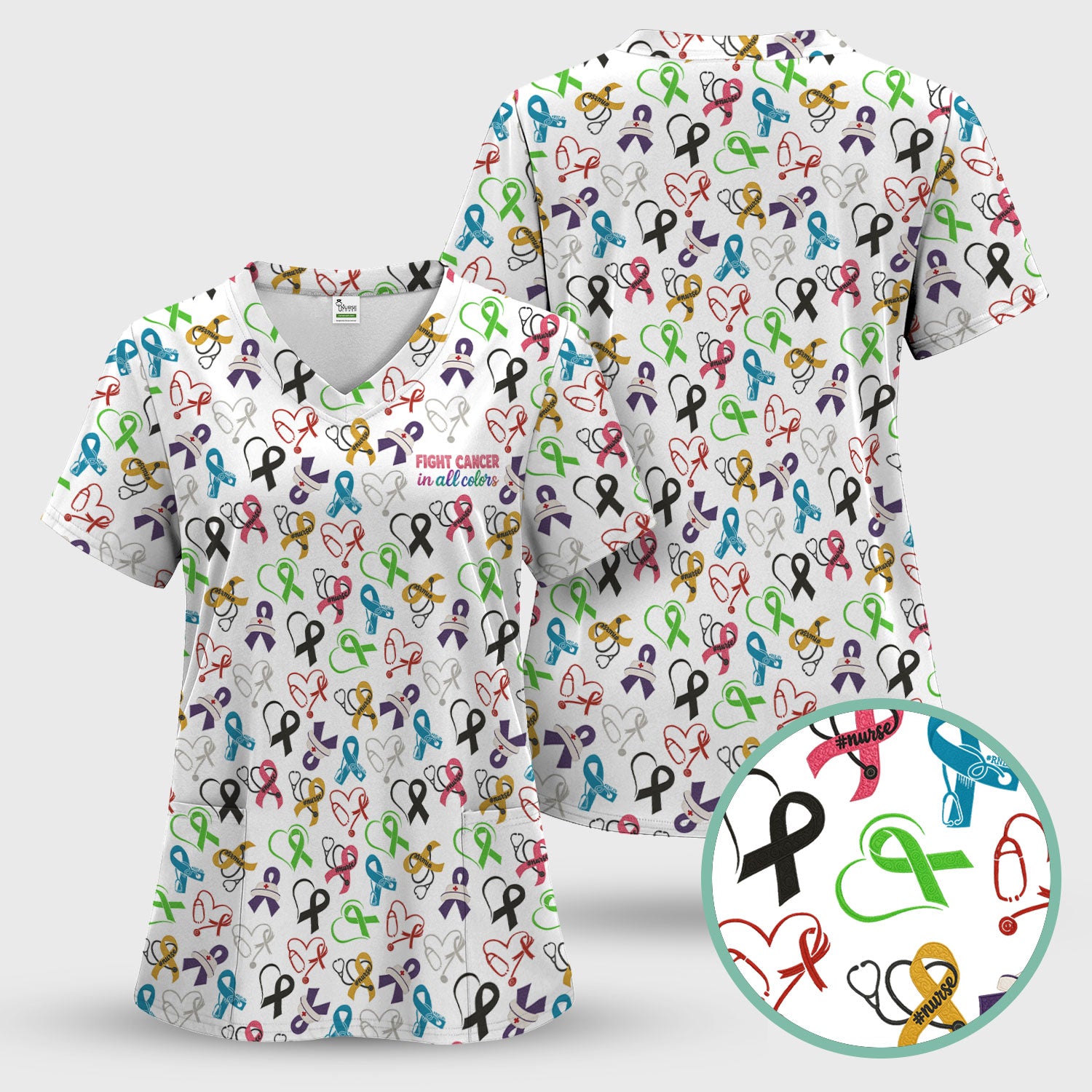 Cancer Awareness Scrub Top - Fight Cancer In All Colors Nurse Shirt - Colorful Ribbon Medical Scrubs Gift with Pockets for Women CNA RN Doctor