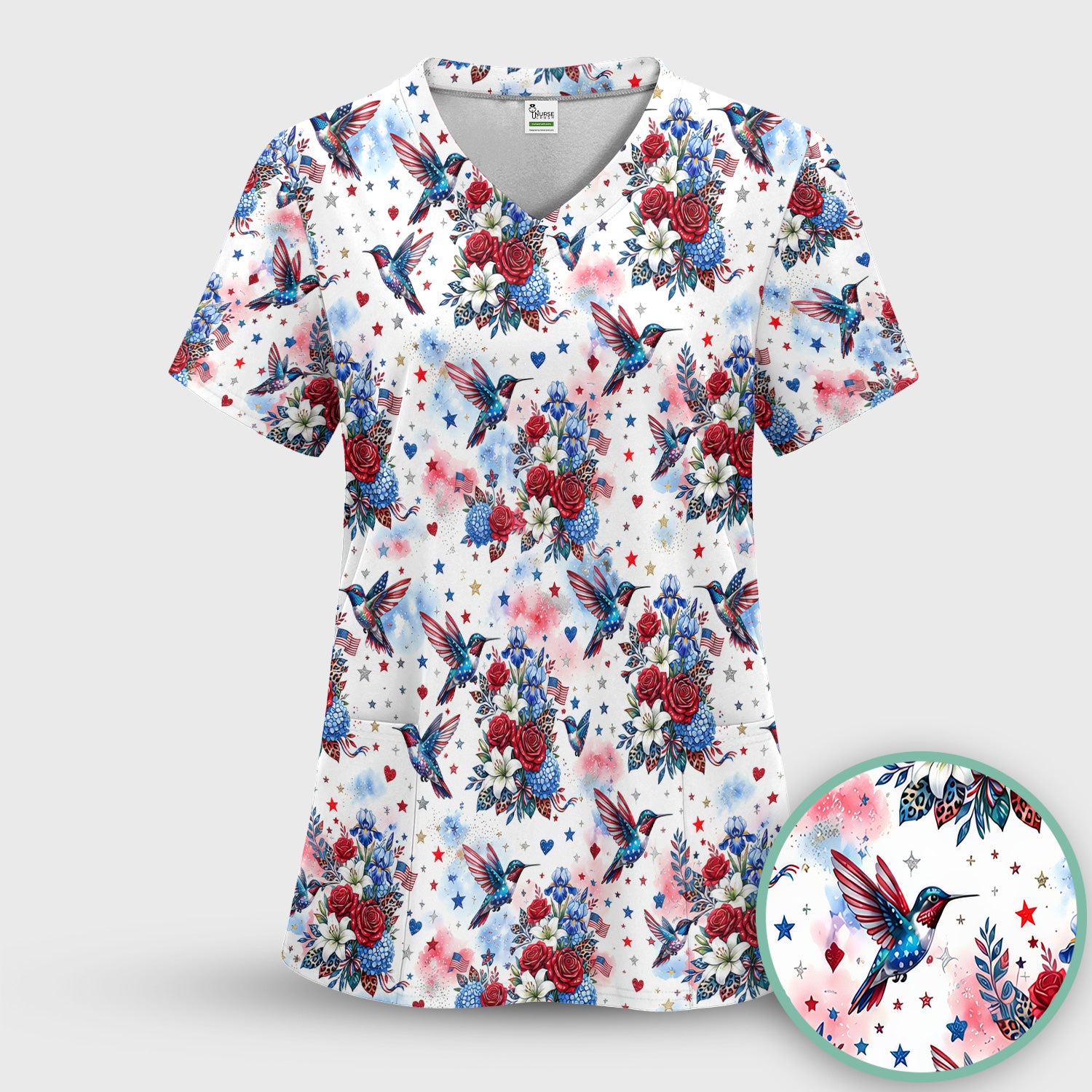 Patriotic Hummingbird Floral Bouquet Pattern Scrub Top, Comfortable Scrubs for Nurses