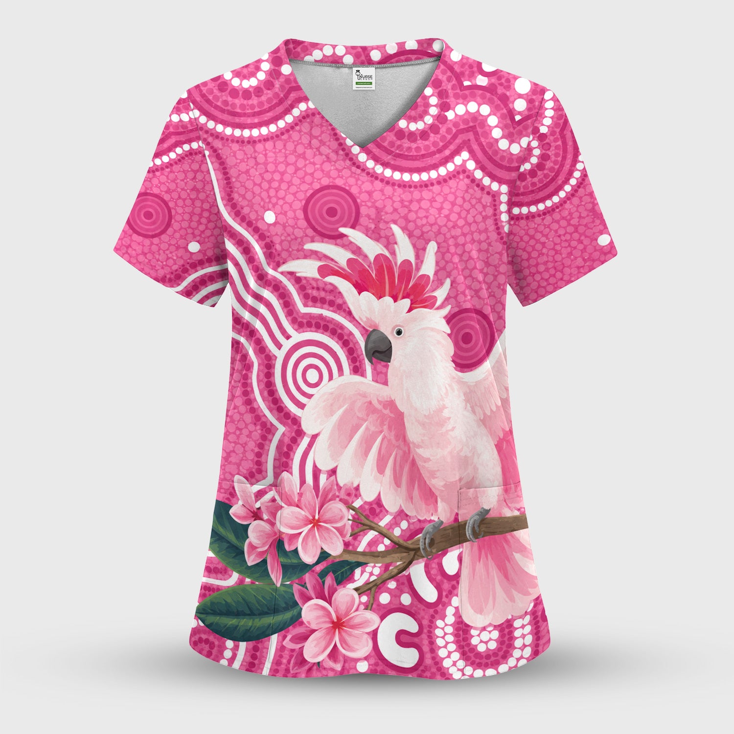 Pink Cockatoo Floral Dot Pattern Scrub Top, Comfortable Scrubs for Nurses