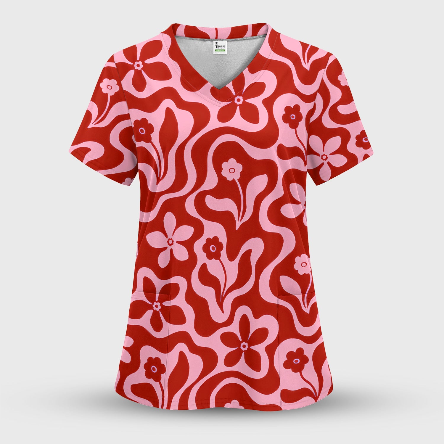 Retro Pink Floral Pattern, Groovy Medical Scrub Set, Scrub Pants and V Neck Top