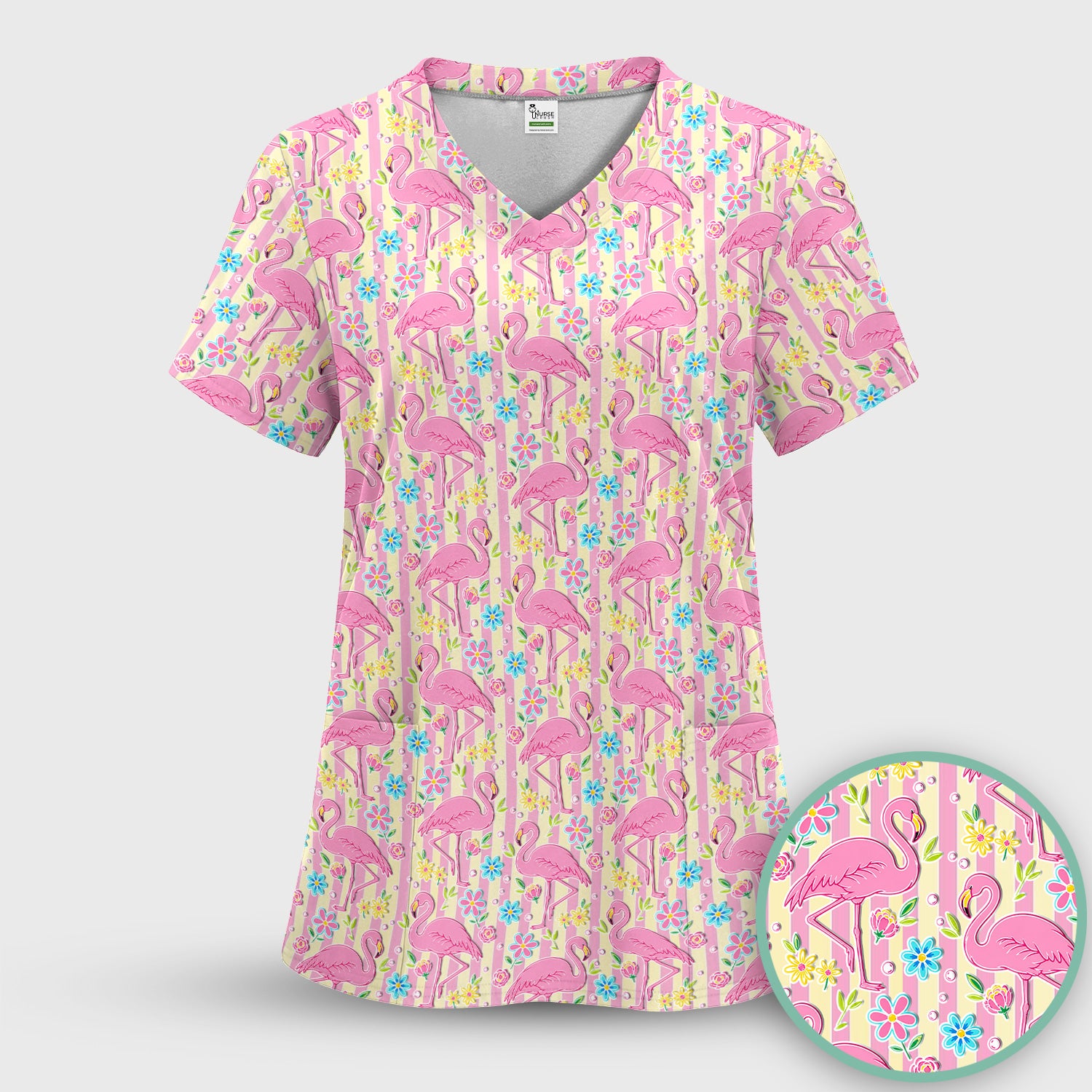 Pink Flamingo Flower Stripe Pattern Scrub Top, Comfortable Scrubs for Nurses