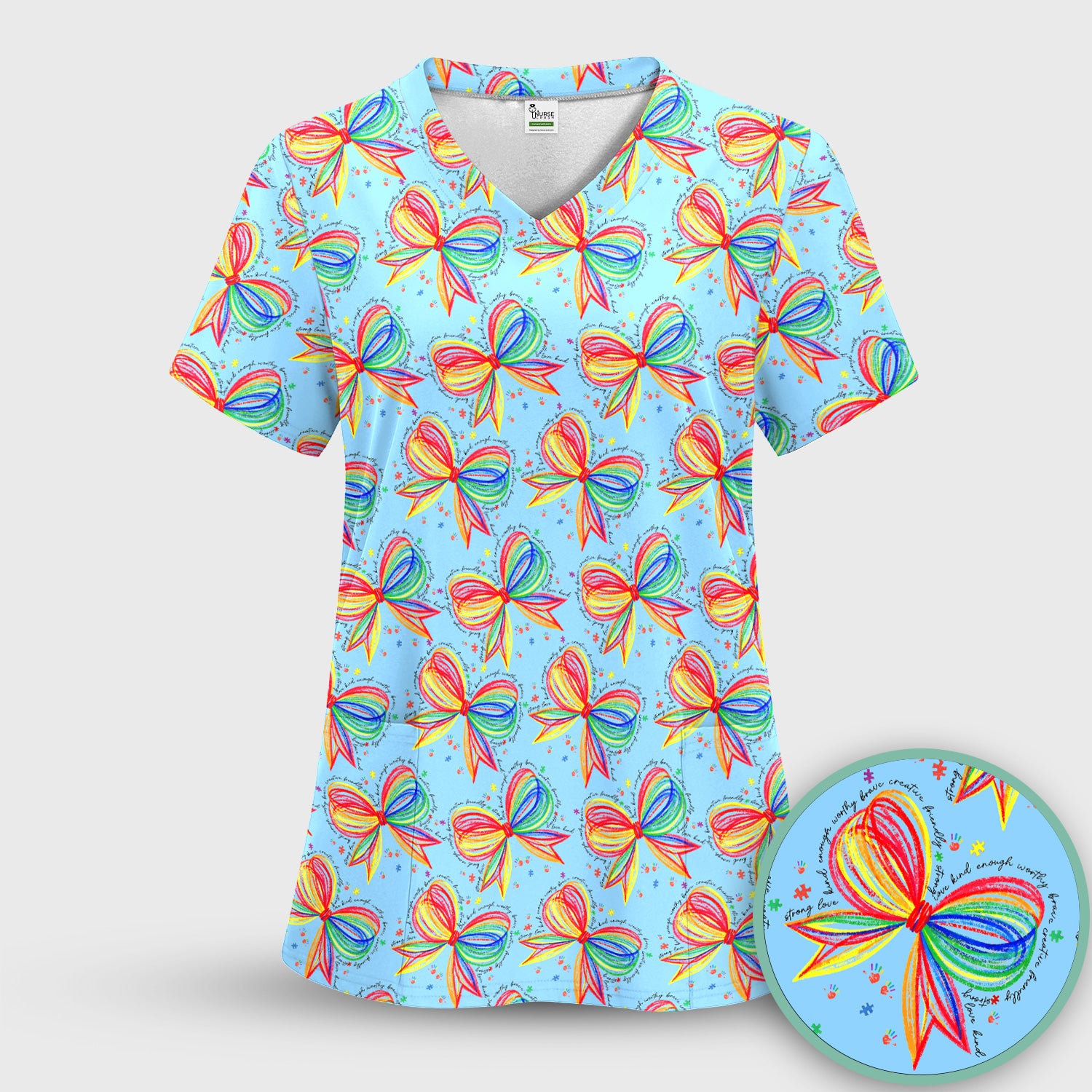 Colorful Rainbow Bow Pattern Scrub Top, Comfortable Scrubs for Nurses